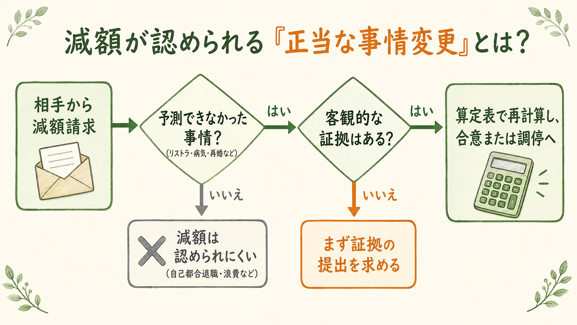 養育費の減額が認められる条件のフローチャート。事情変更の有無、予測可能だったか、自己都合でないかを確認する流れ