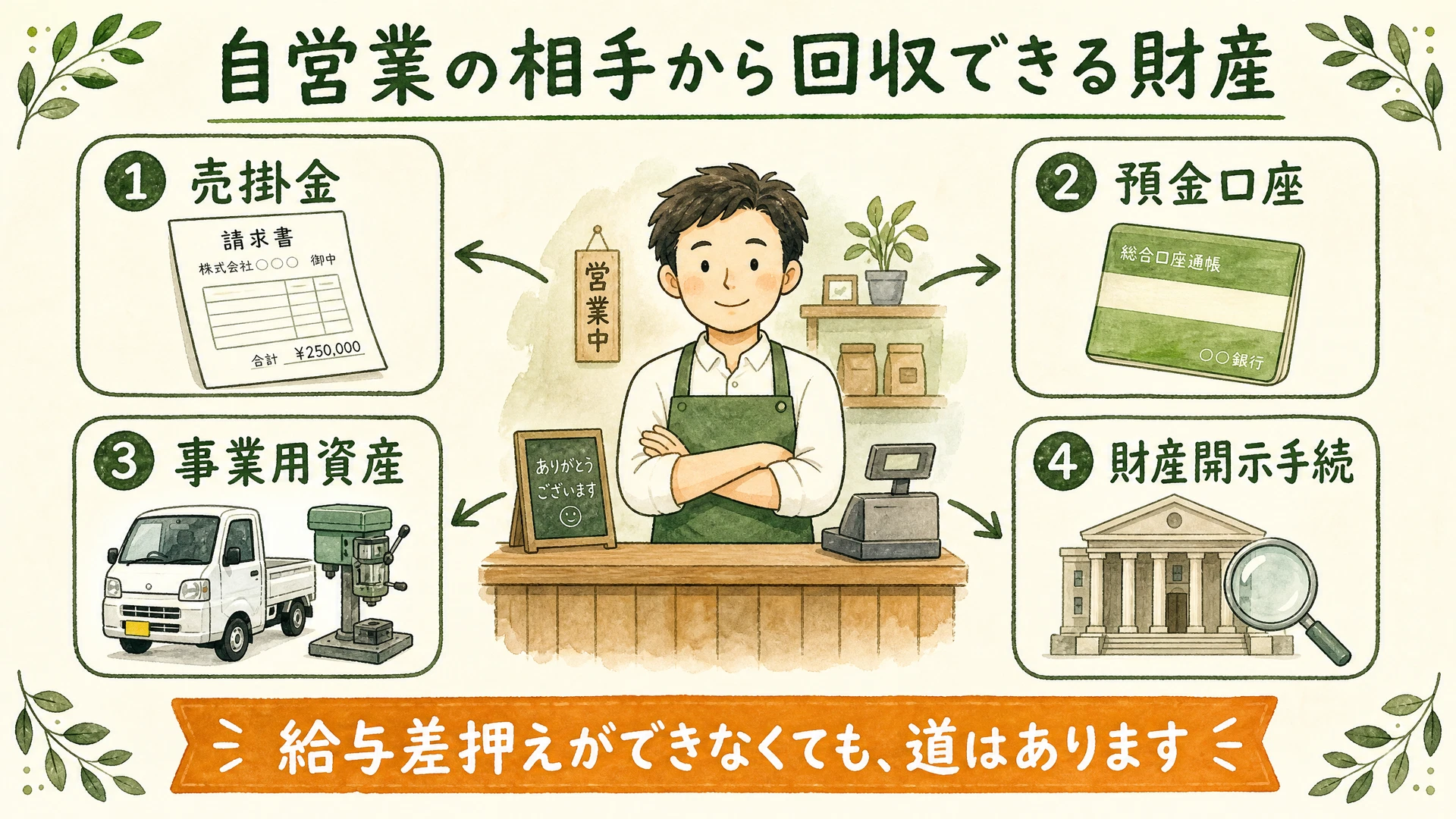 自営業の相手から回収できる財産の図解: 売掛金・預金口座・事業用資産・財産開示手続