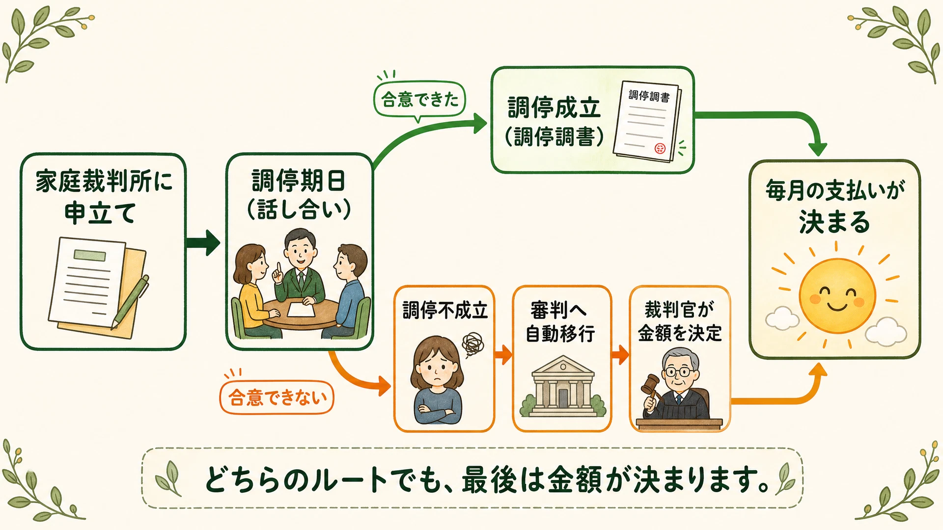 婚姻費用分担請求調停の流れ図解:申立て→調停期日(話し合い)→成立(調停調書)または不成立(審判へ移行して裁判官が決定)
