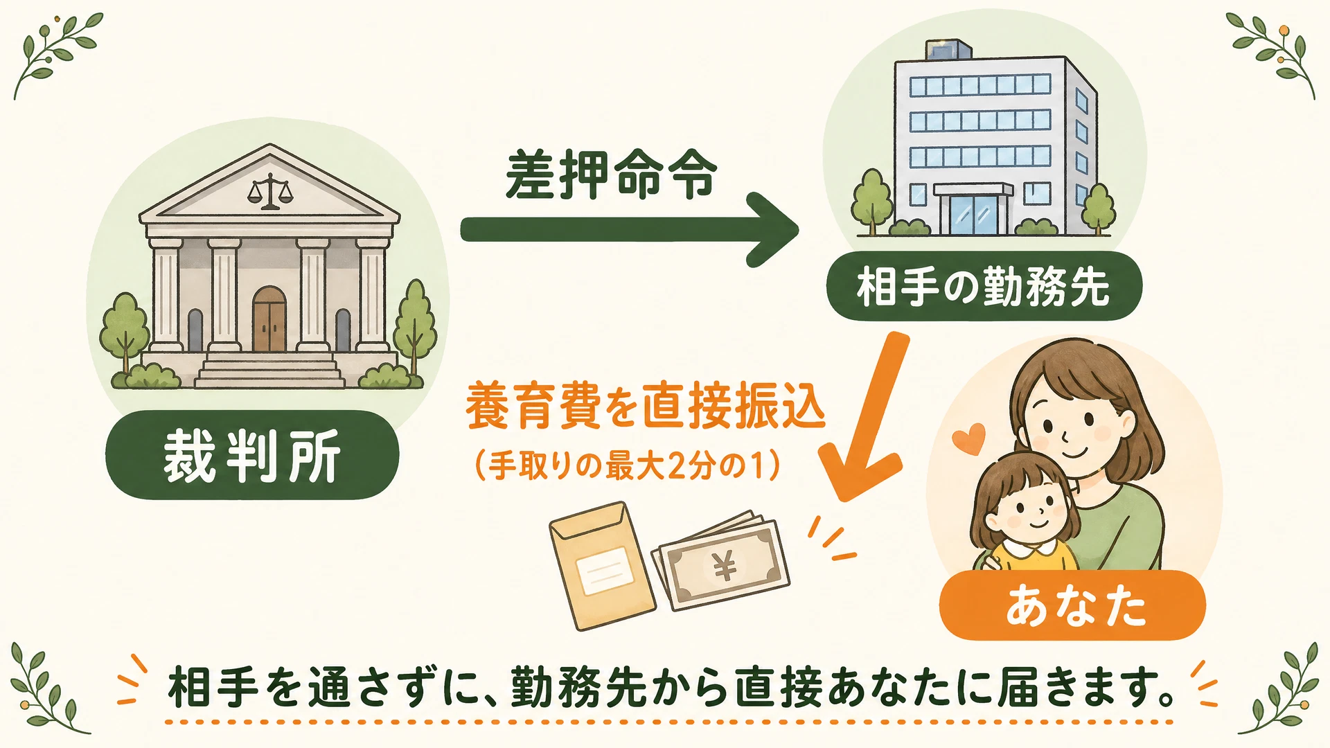給与差押えの仕組み図解:裁判所から勤務先に命令がいき、勤務先から直接あなたに養育費が振り込まれる流れ
