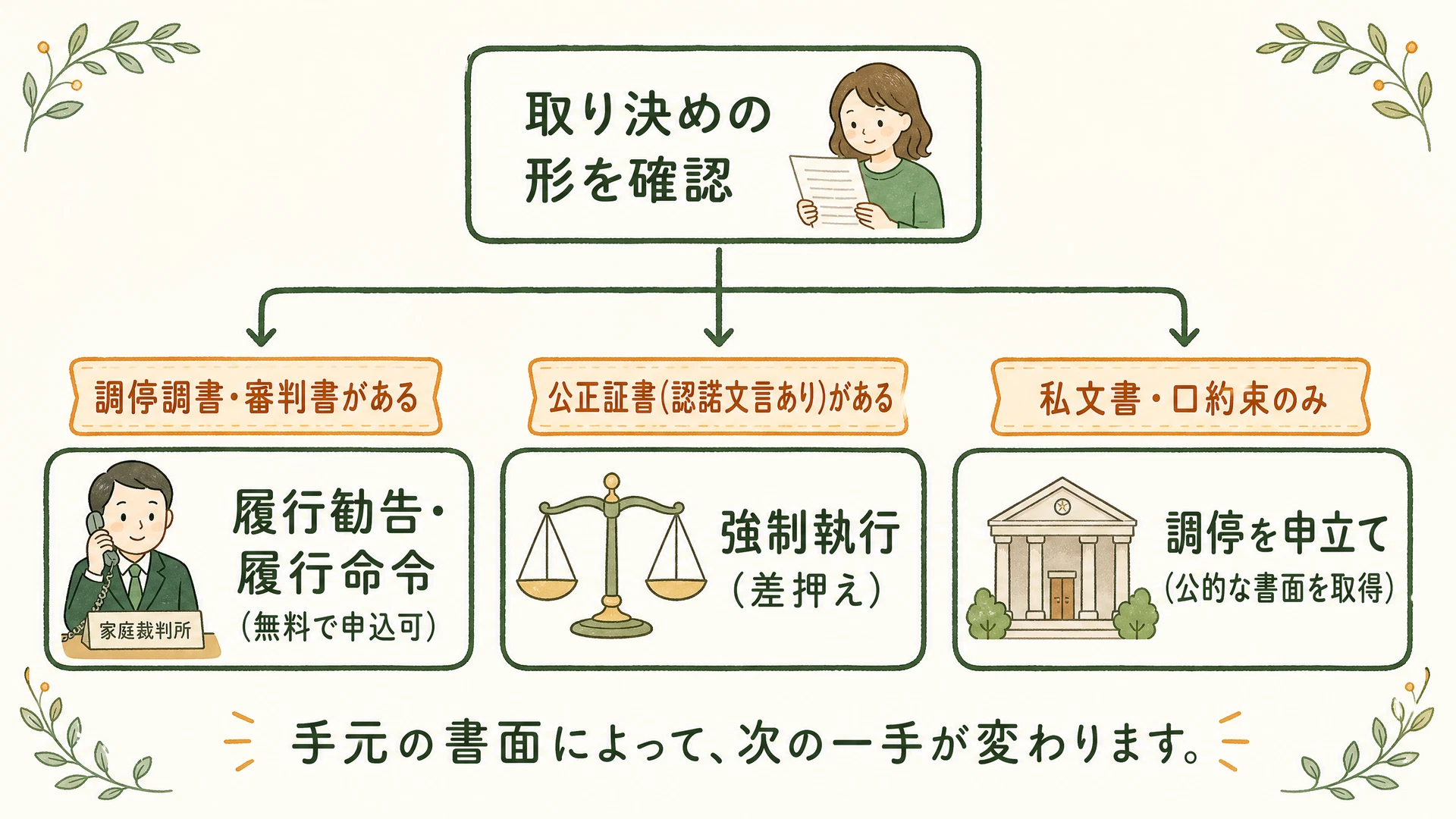養育費の支払いが止まった場合の対処ルート図解:取り決めの形(調停調書/公正証書/私文書・口約束)によって、履行勧告や強制執行、調停申立てへと進む流れ