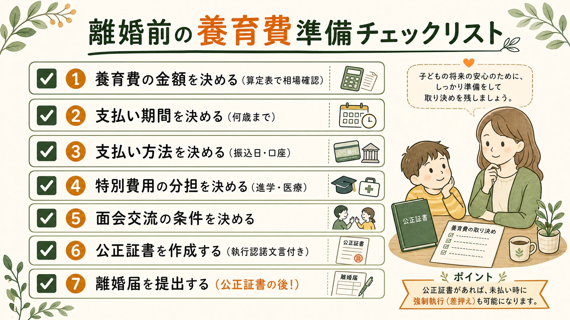 離婚前の養育費準備チェックリスト図解：金額を決める→支払い期間を決める→支払い方法を決める→特別費用の分担を決める→面会交流の条件を決める→公正証書を作成する→離婚届を提出する