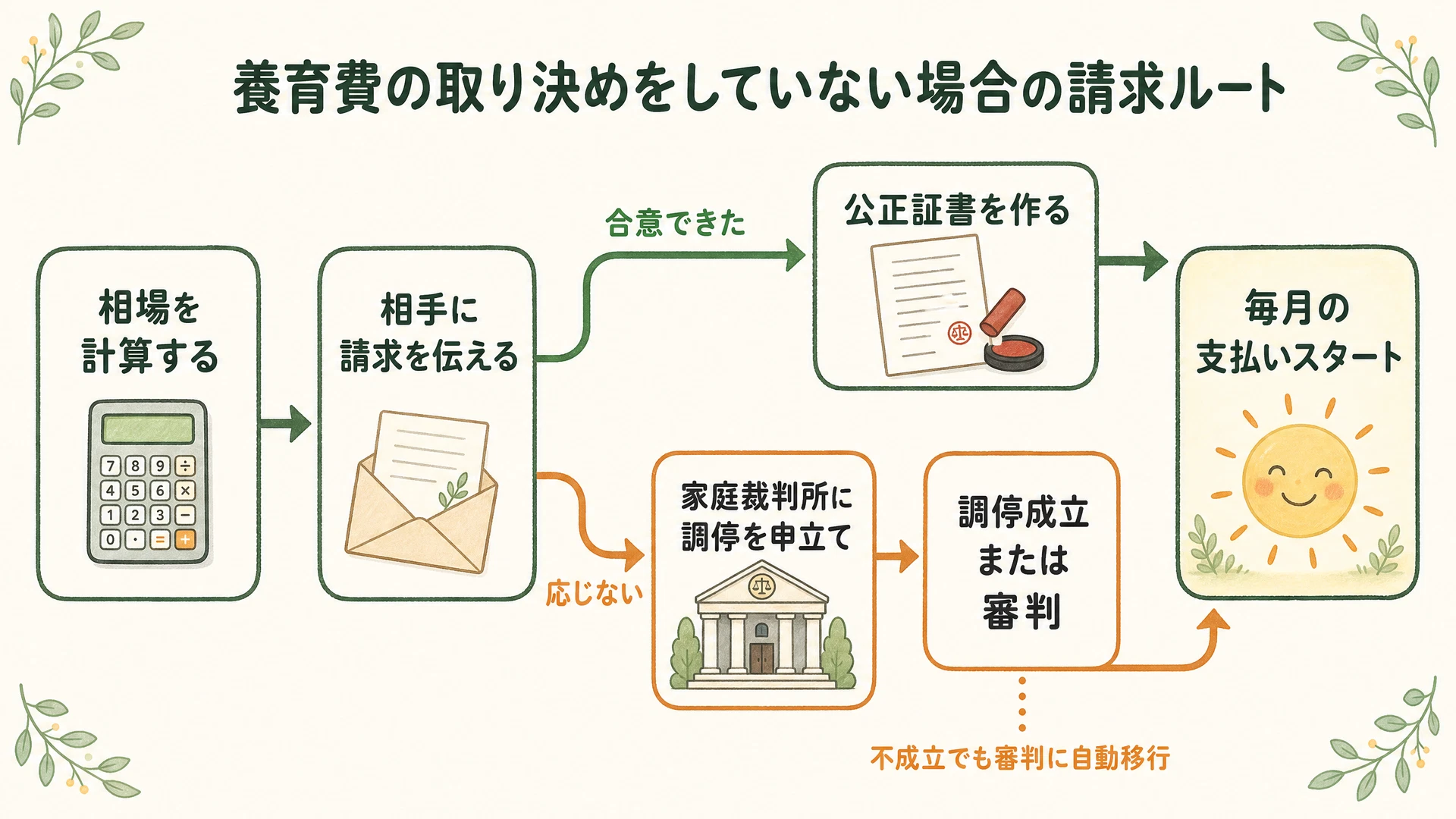 養育費の取り決めをしていない場合の請求ルート図解:相場を計算→相手に請求→合意できたら公正証書、応じなければ調停・審判で毎月の支払いスタート