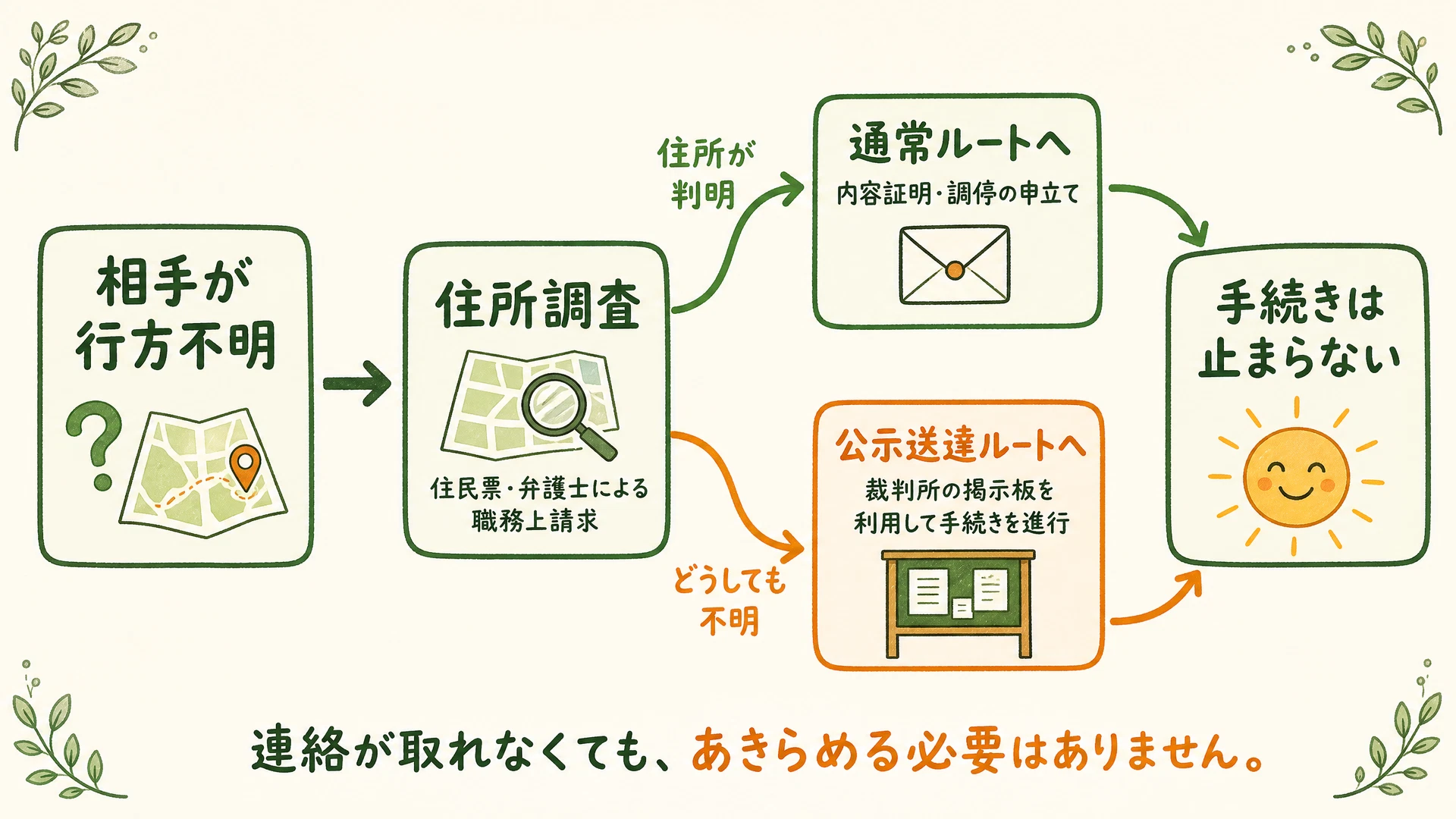 行方不明ケースの解決ルート図解:弁護士の職務上請求で住所調査→判明すれば通常ルート(内容証明・調停)、判明しなければ公示送達ルートへ