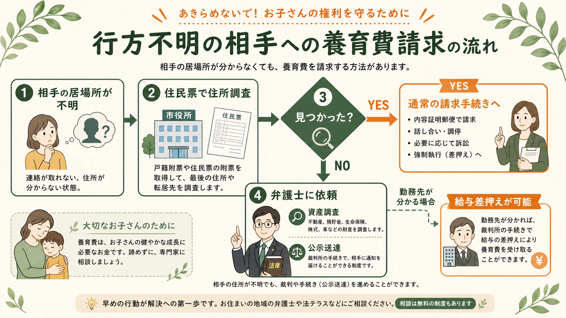 行方不明の相手への養育費請求フロー図解