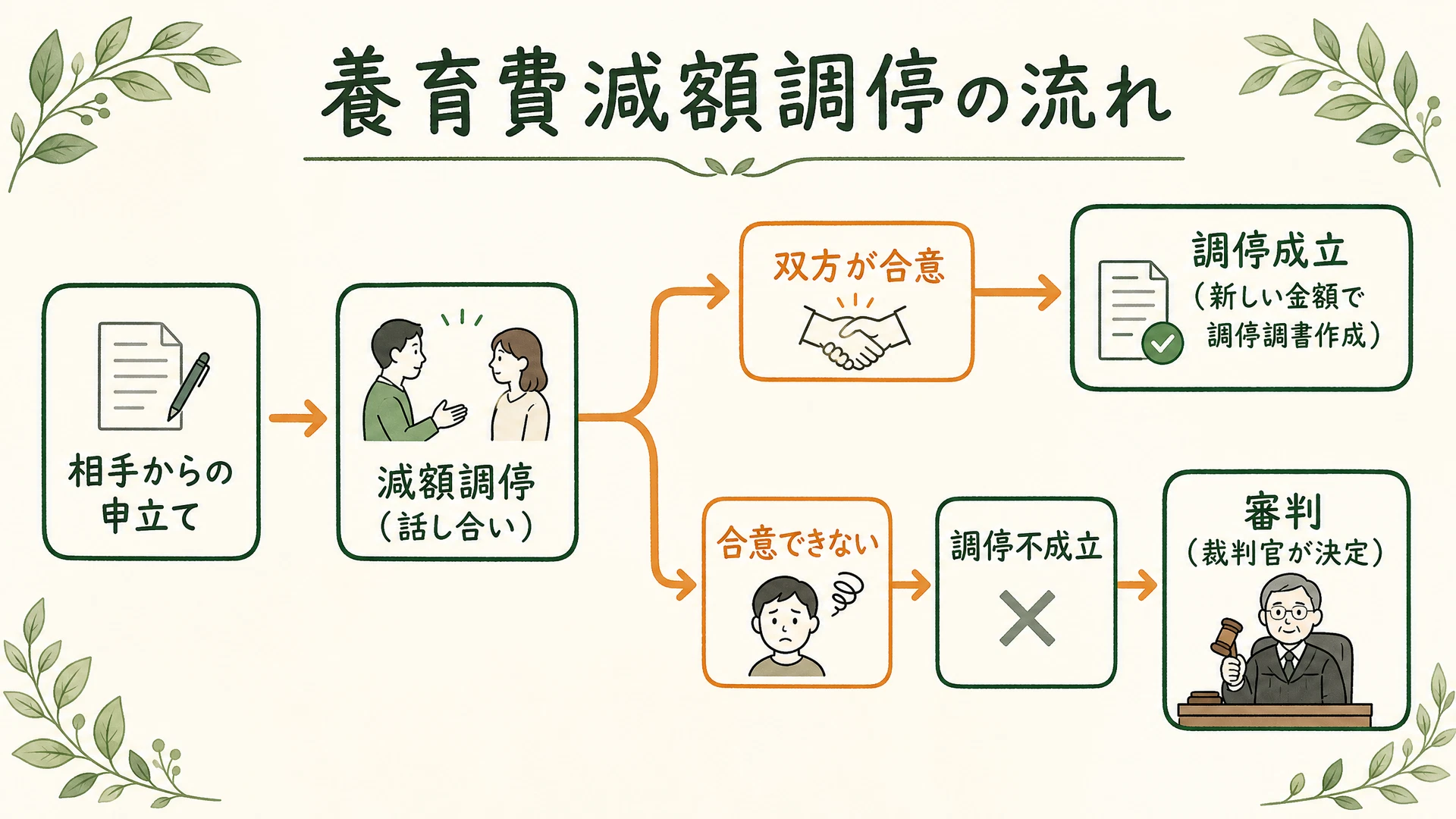 減額調停の分岐フロー図解:申立てから調停、合意(成立)または不成立から審判への移行の流れ
