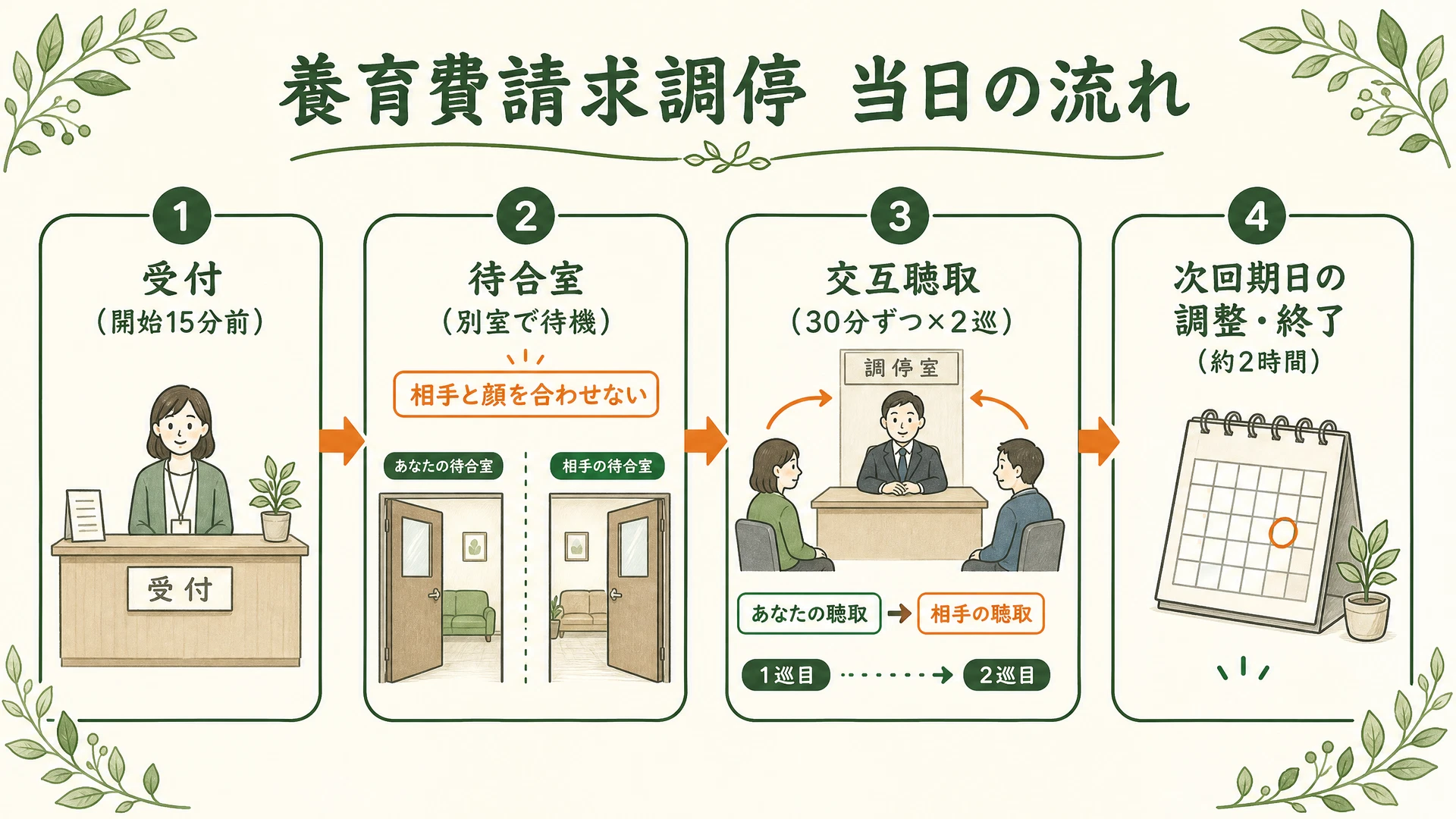 調停当日のタイムライン図解:受付から待合室、交互聴取、次回期日の決定までの流れ