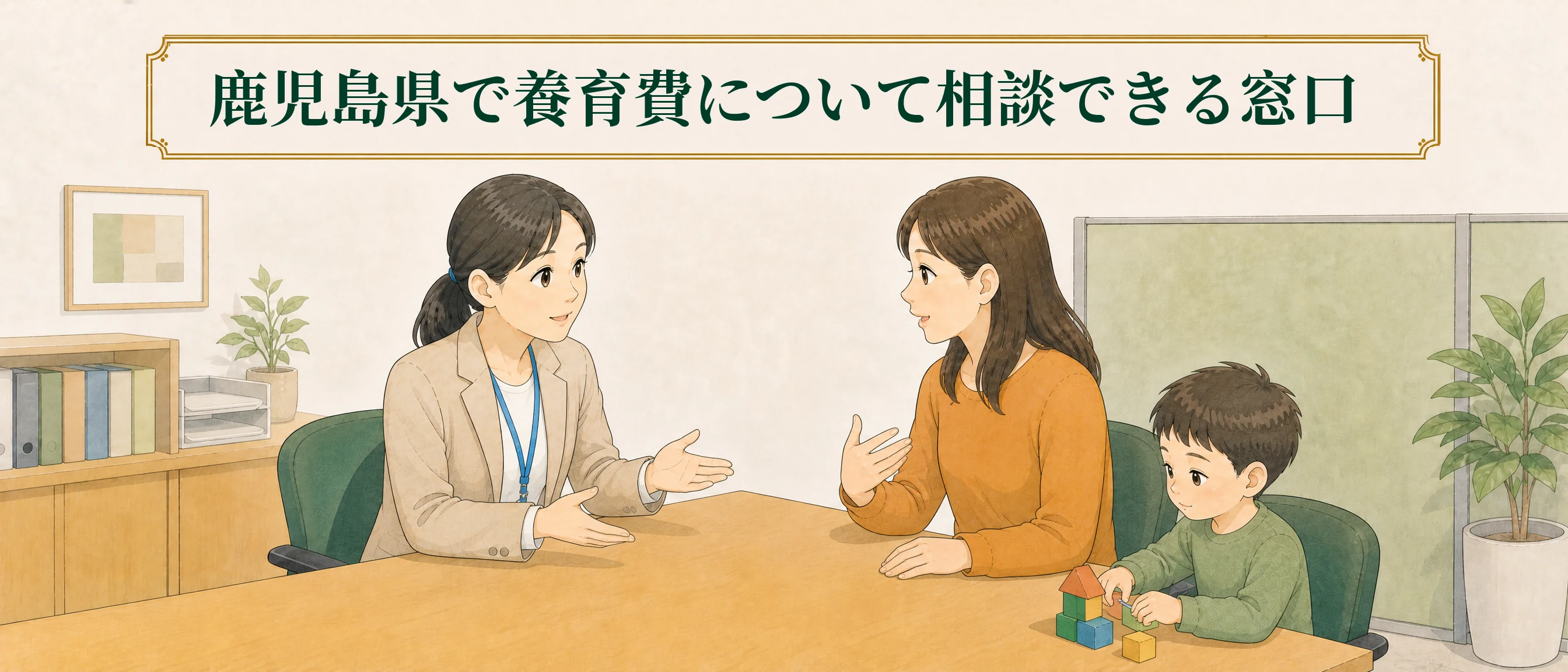 鹿児島県の公的な相談窓口で子ども連れの相談者が養育費について相談している様子