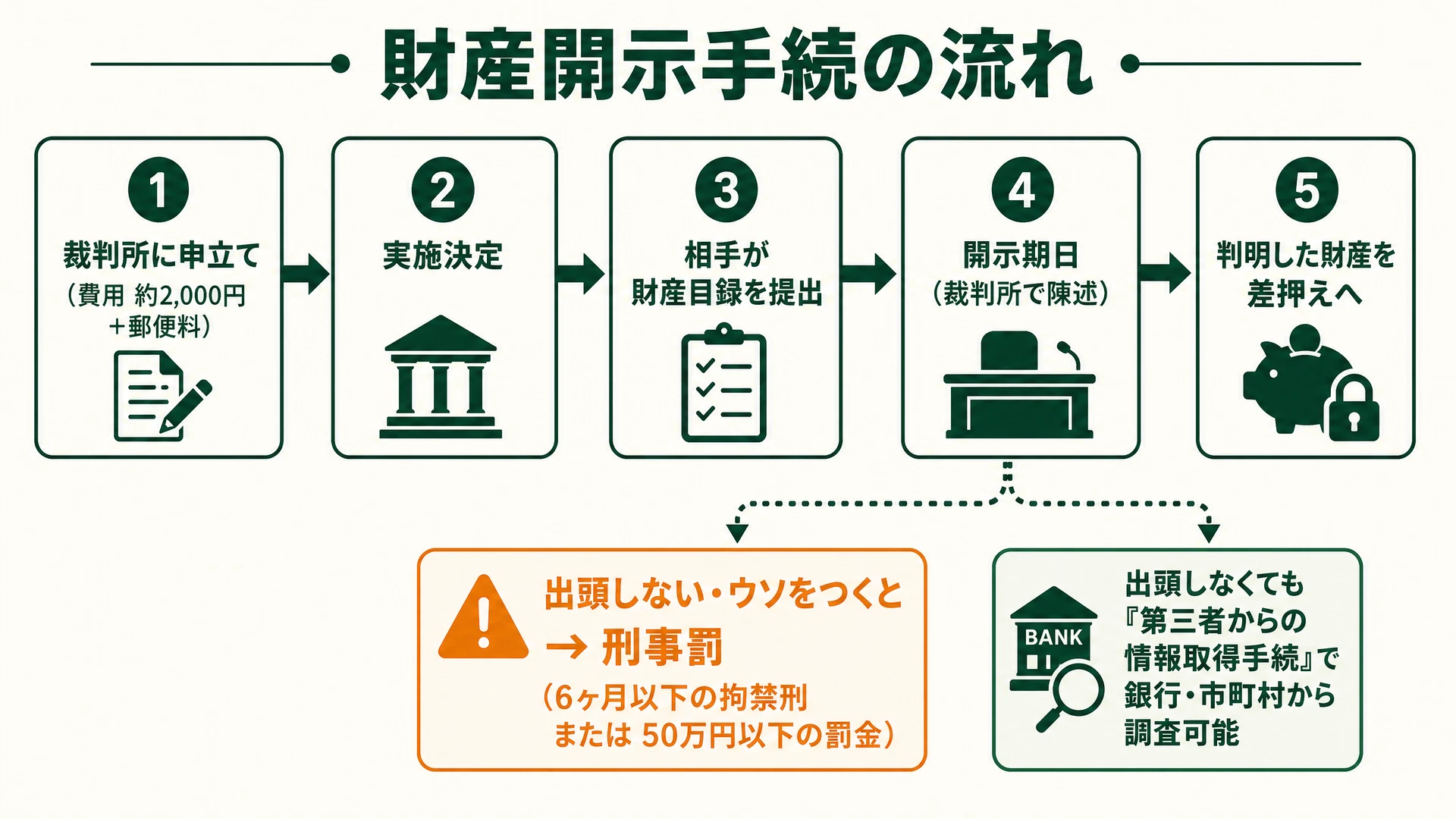財産開示手続の流れ図: 裁判所に申立て(費用約2,000円+郵便料)→実施決定→相手が財産目録を提出→開示期日で陳述→判明した財産を差押えへ。出頭しない・ウソをつくと刑事罰(6ヶ月以下の拘禁刑または50万円以下の罰金)