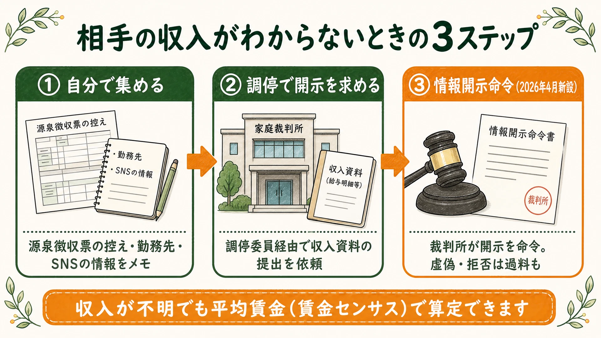 相手の収入がわからないときの3ステップ(自分で集める→調停で開示を求める→情報開示命令)を示した図解