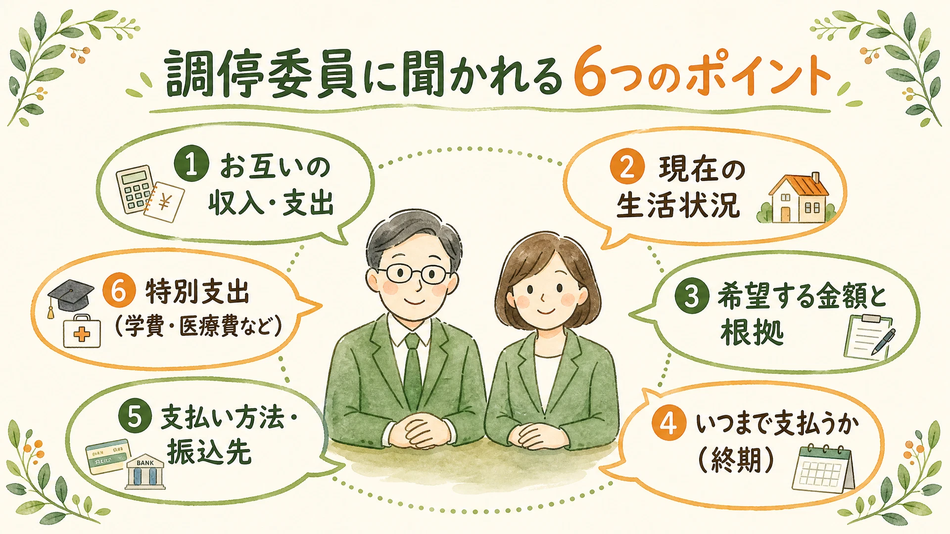 調停委員に聞かれる6つのポイント:収入・支出、生活状況、希望金額、支払期間、支払方法、特別支出