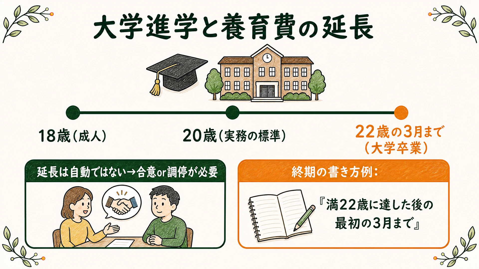養育費の終期のタイムライン(18歳成人・20歳が実務の標準・大学進学なら22歳の3月まで延長も)と、延長は自動ではなく合意か調停が必要であることを示した図解