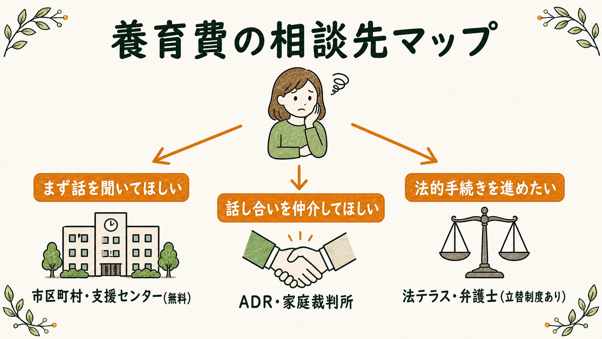 養育費の相談先マップ:まず話を聞いてほしい→市区町村・養育費相談支援センター(無料)、話し合いを仲介してほしい→ADR・家庭裁判所、法的手続きを進めたい→法テラス・弁護士(立替制度あり)の3方向を示した図解