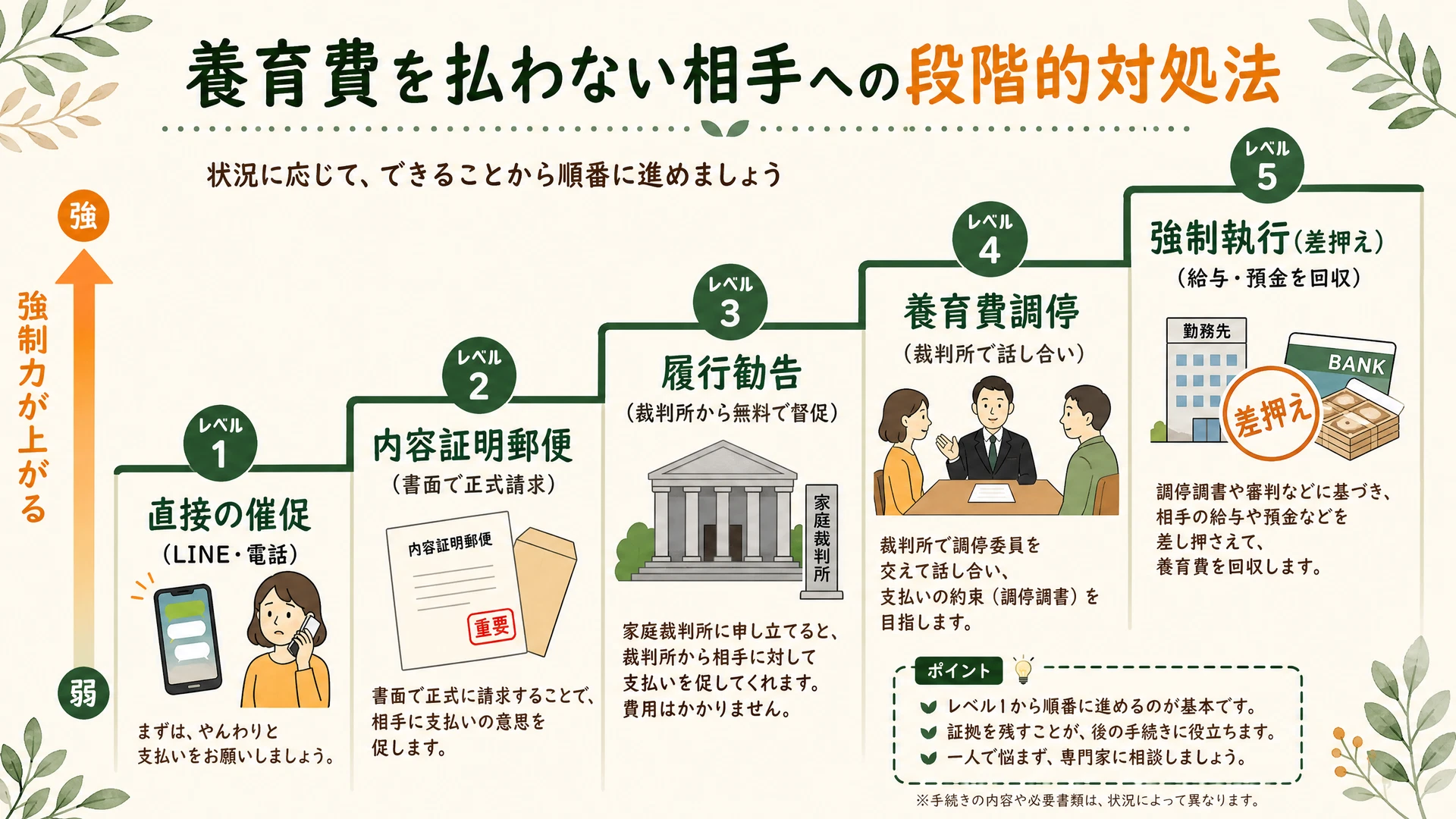 養育費を払わない相手への段階的対処法の図解