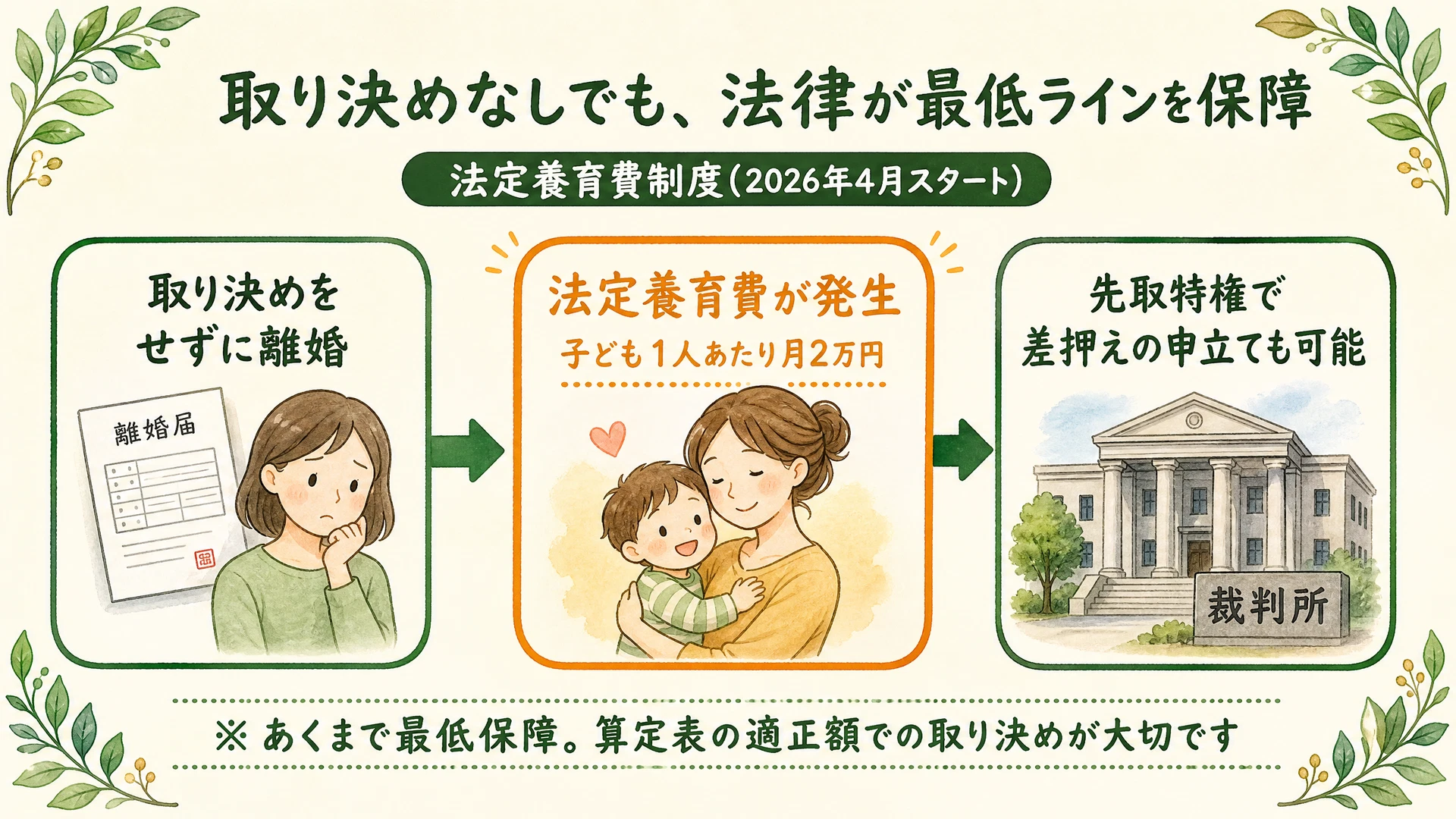 法定養育費制度の図解:取り決めなしでも月2万円の請求権が発生し、先取特権により差押えが可能になる流れ