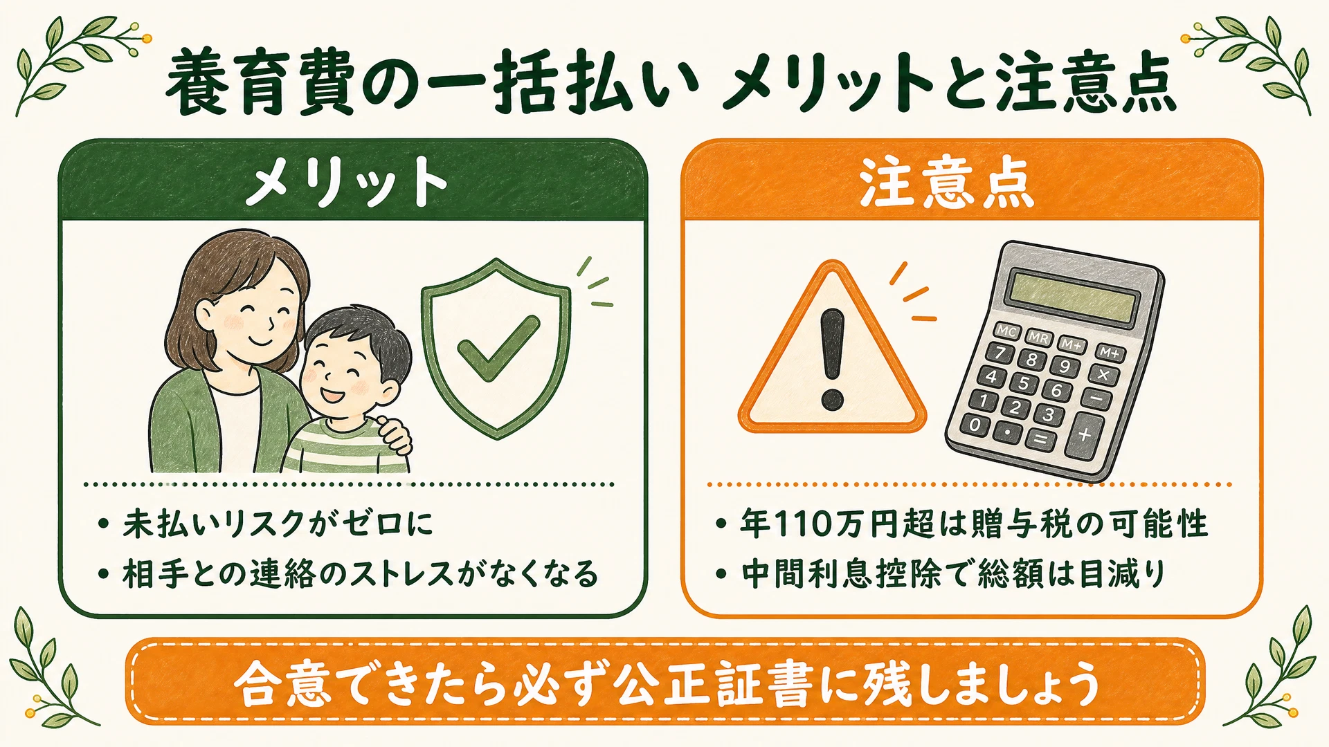 養育費の一括払いのメリット(未払いリスクゼロ)と注意点(贈与税・中間利息控除)を対比した図解