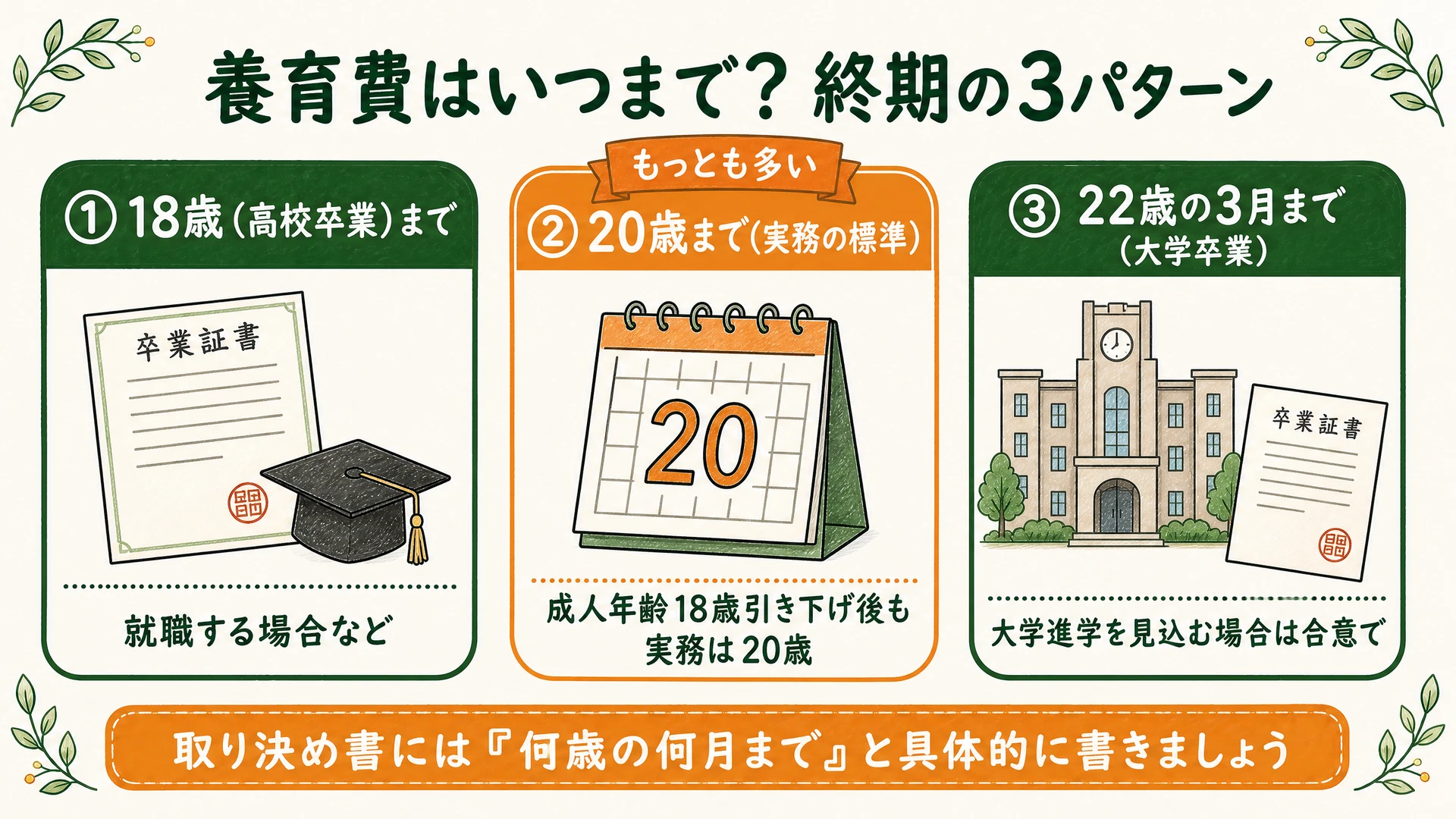 養育費の終期の3パターン(18歳・高校卒業まで/20歳まで=実務の標準/22歳の3月まで=大学卒業)を示した図解