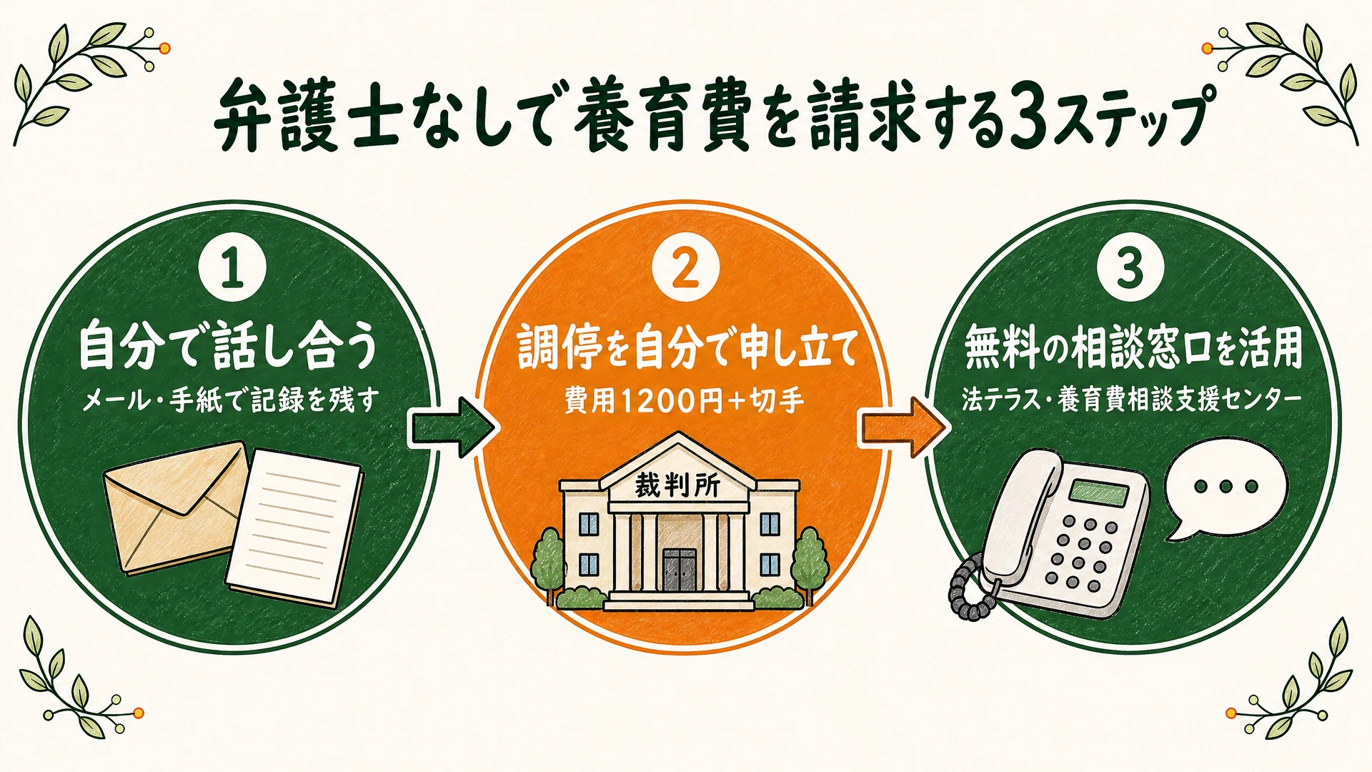 弁護士なしで養育費を請求する3ステップ(自分で話し合い記録を残す→調停を自分で申し立て(費用1200円+切手)→法テラスや養育費相談支援センターなど無料の相談窓口を活用)を示した図解