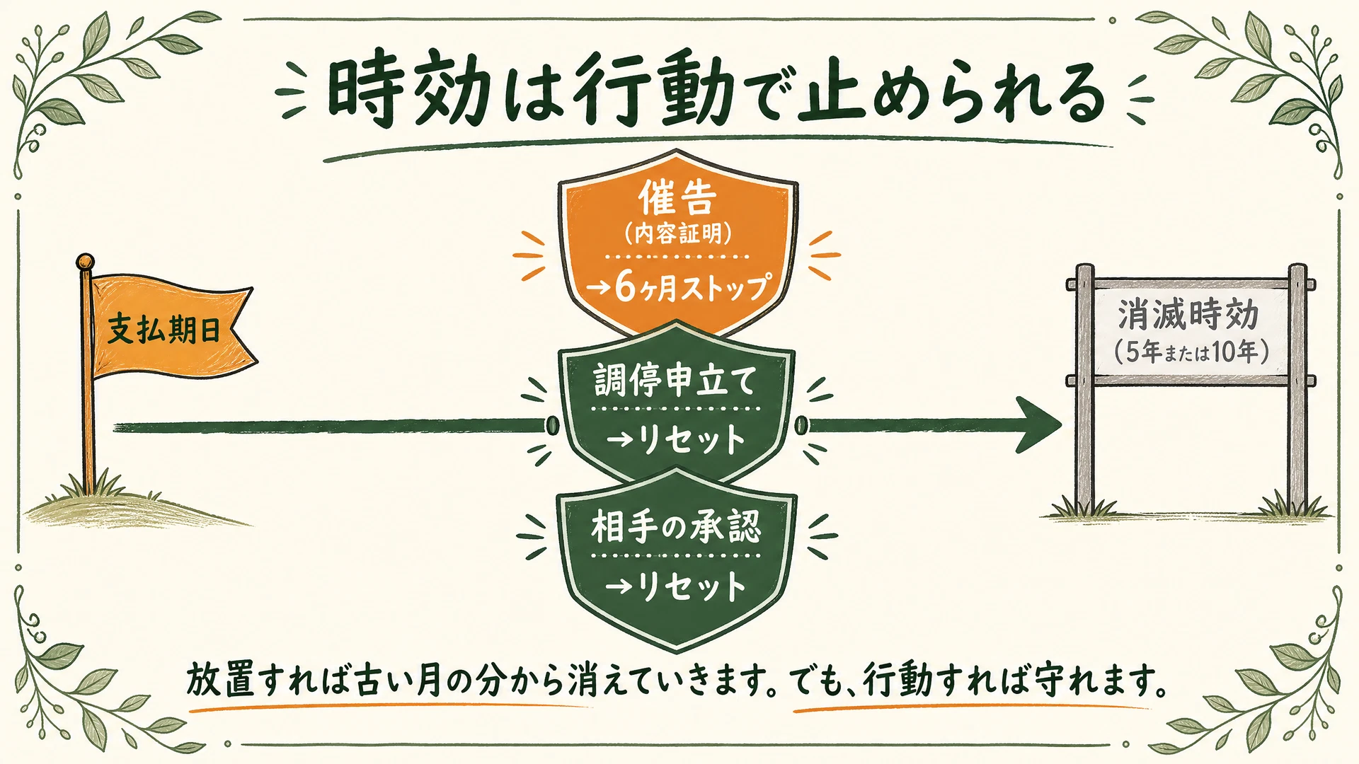 養育費の時効更新の仕組み図解:5年の時効期間の途中で「待ってほしい」などの承認があると、そこから再び5年のカウントが始まる流れ