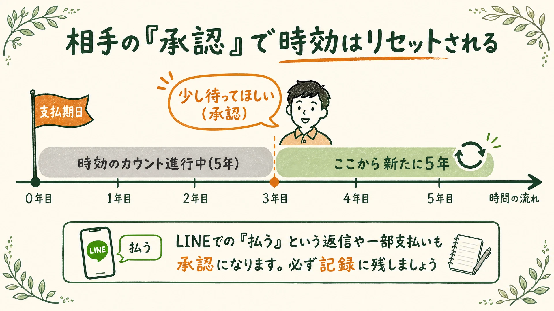 養育費の時効進行とストップのタイムライン図解：支払期日から5年（または10年）に向けて進む矢印に対し、「催告（6ヶ月猶予）」「調停申立て（リセット）」「相手の承認（リセット）」がブロックする様子
