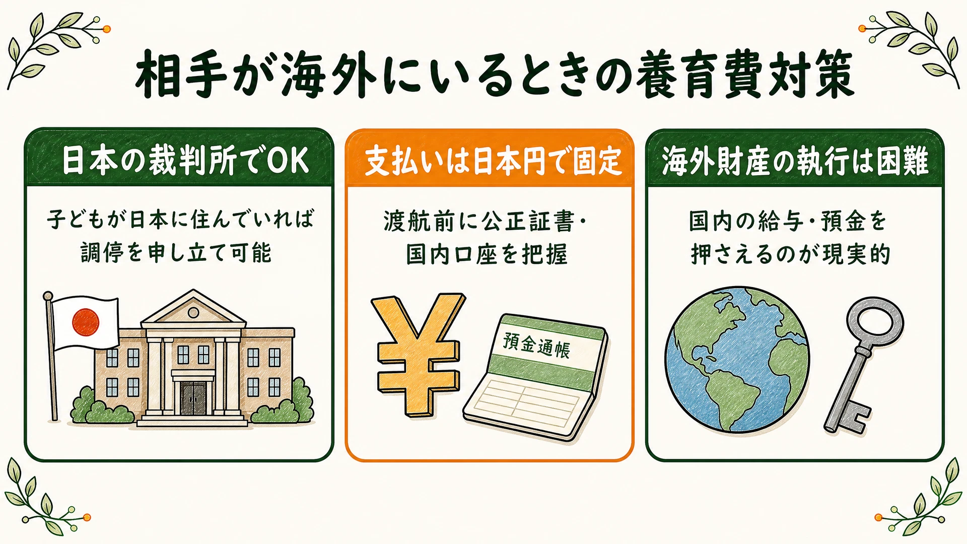 相手が海外にいるときの養育費対策(子どもが日本に住んでいれば日本の裁判所で調停可能・支払いは日本円で固定し渡航前に公正証書と国内口座を把握・海外財産の執行は困難なので国内の給与や預金を押さえるのが現実的)を示した図解