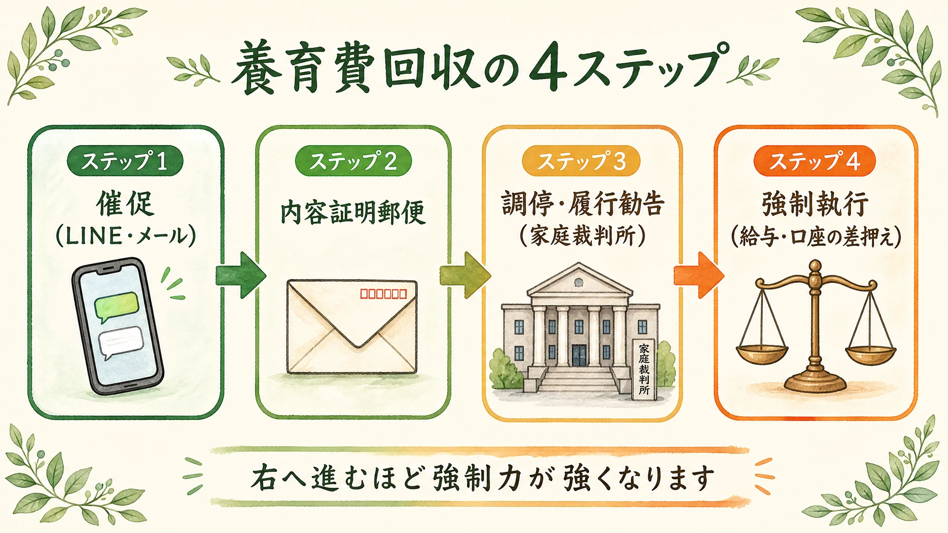 養育費回収の4ステップ図解:催促から内容証明、調停、そして強制執行(差押え)へと進む段階的な流れ