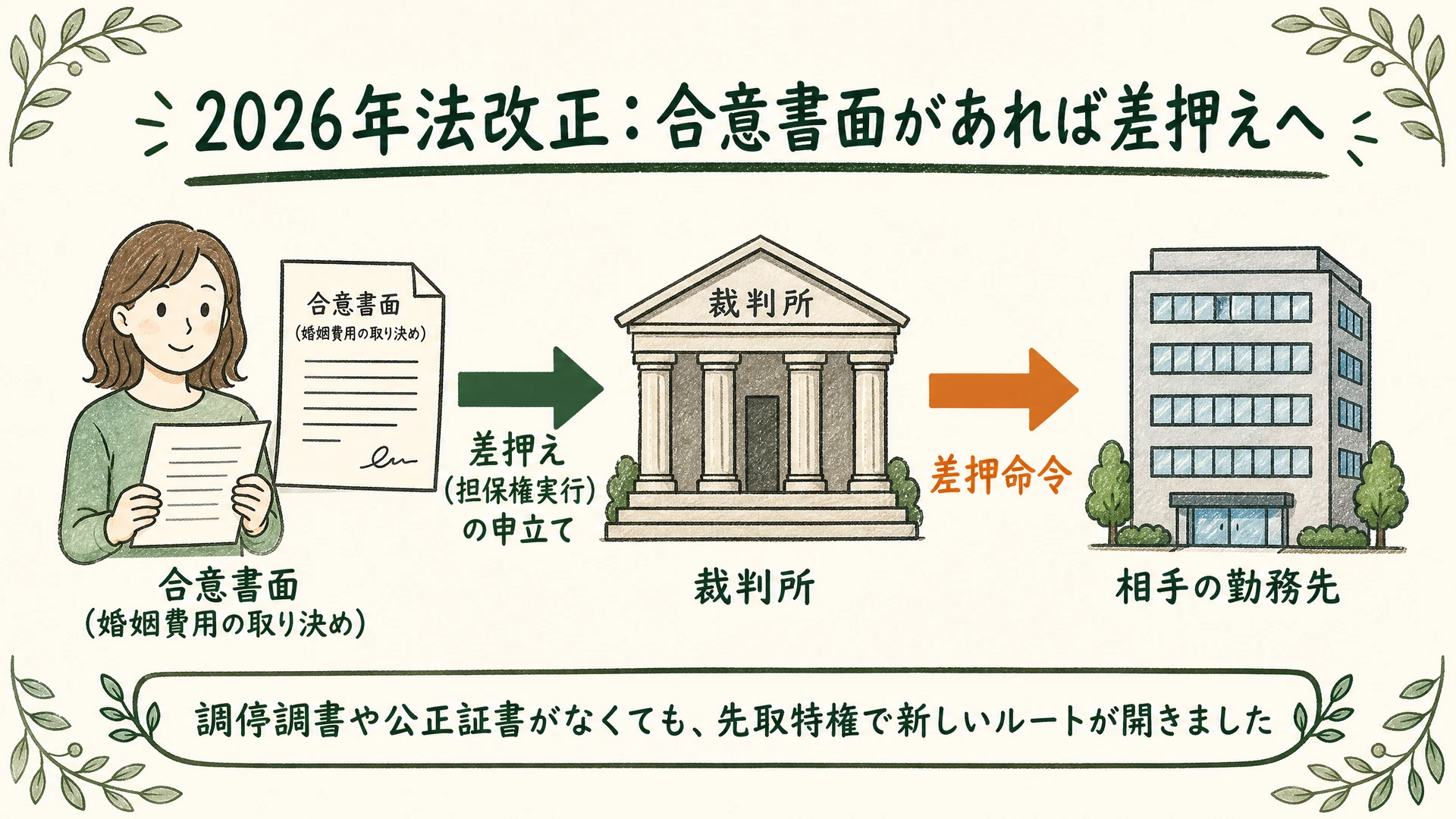 2026年法改正による婚姻費用の先取特権の図解: 合意書面があれば、調停調書や公正証書がなくても差押え(担保権実行)が可能になったことを示す流れ