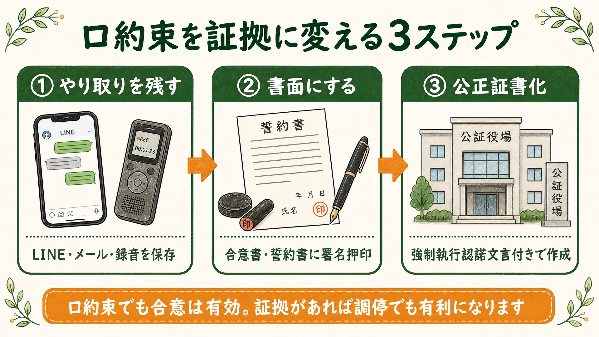 口約束を証拠に変える3ステップ(やり取りを残す→書面にする→公正証書化)を示した図解