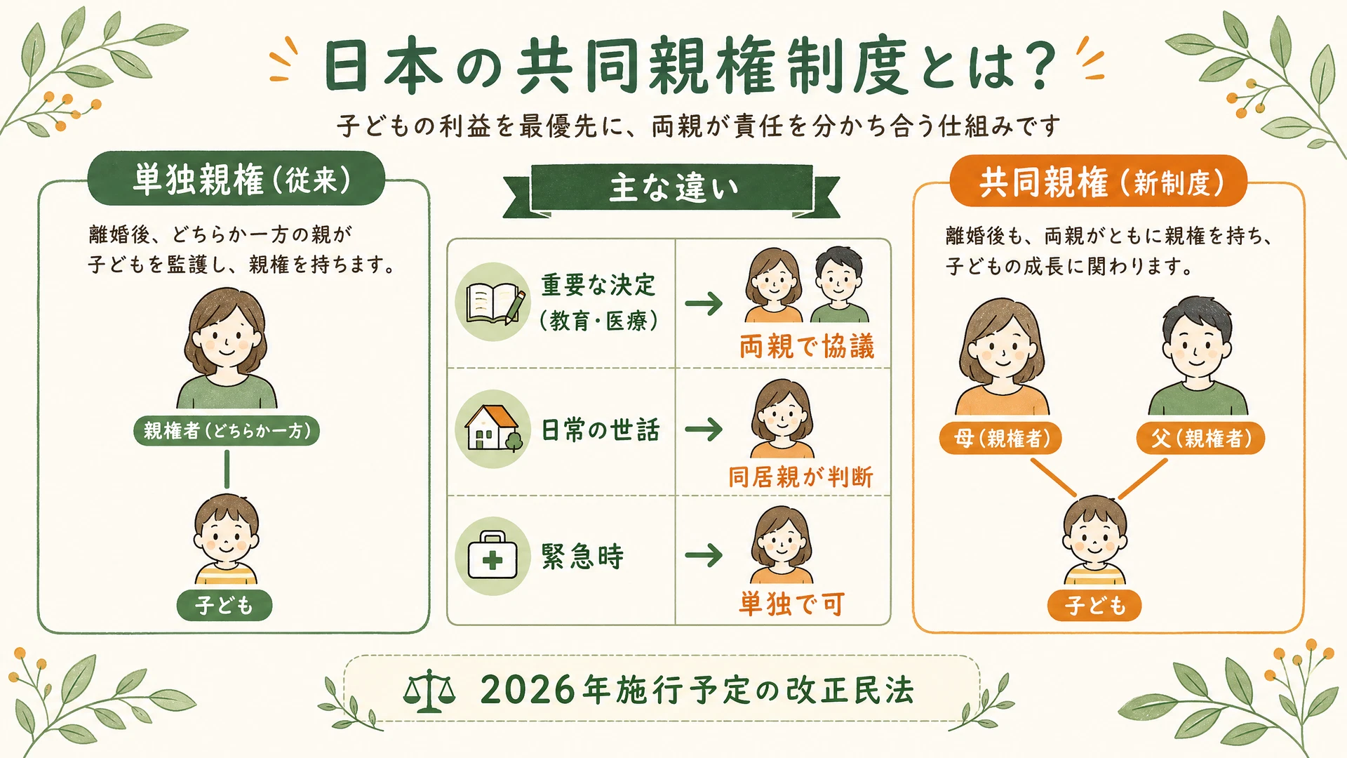 共同親権と単独親権の比較図解