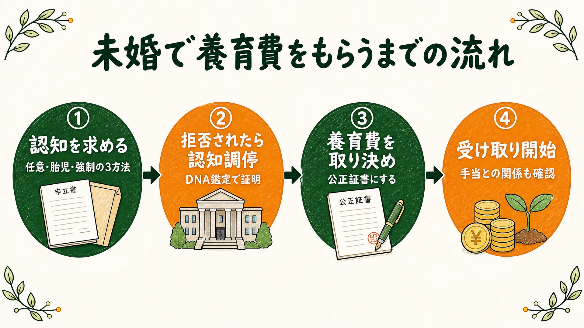 未婚で養育費をもらうまでの流れ(認知を求める→拒否されたら認知調停でDNA鑑定→養育費を取り決めて公正証書に→受け取り開始、手当との関係も確認)を示した図解