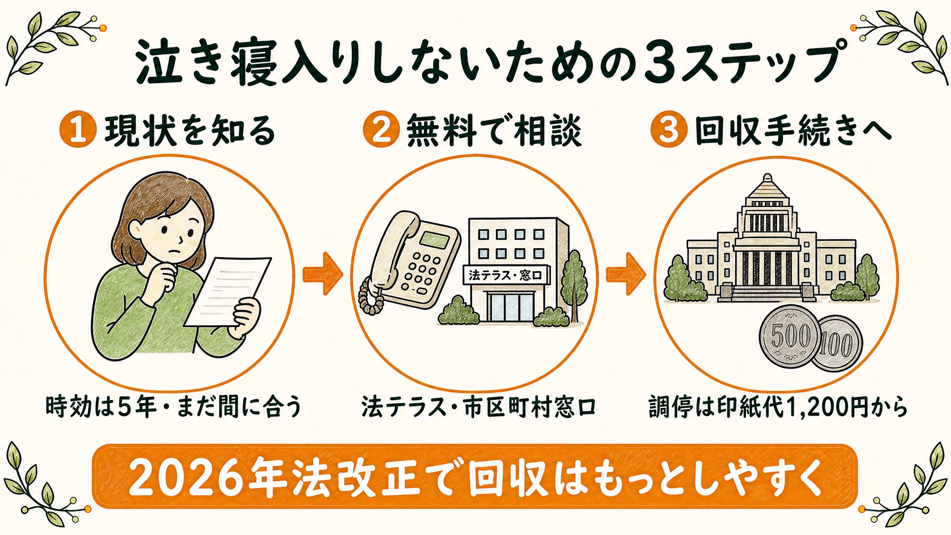 泣き寝入りしないための3ステップ(①現状を知る:時効は5年でまだ間に合う→②無料で相談:法テラス・市区町村窓口→③回収手続きへ:調停は印紙代1,200円から)を示した図解。2026年法改正で回収はもっとしやすくなる
