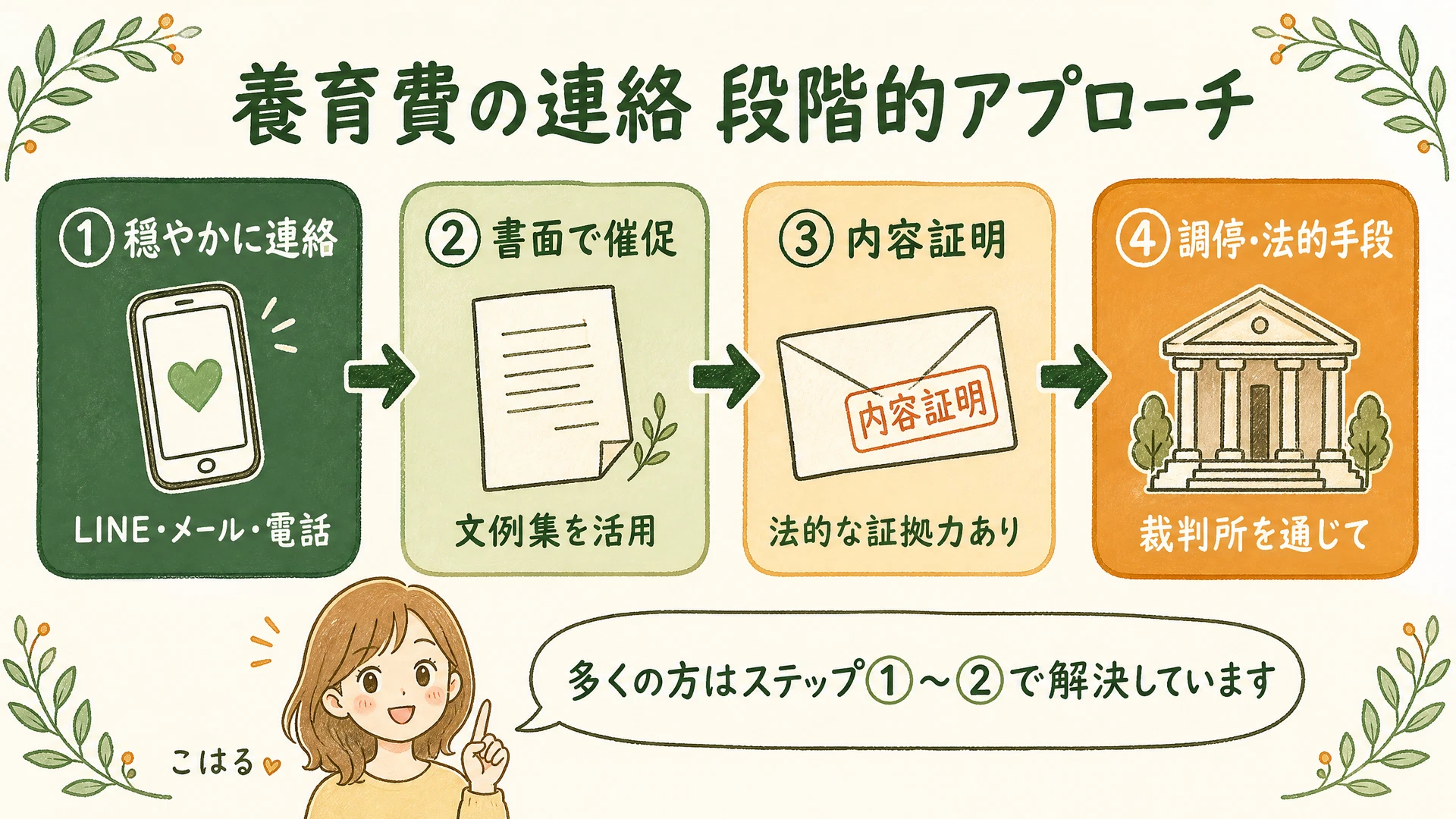 養育費の連絡の段階的アプローチ図解: ①穏やかに連絡(LINE・メール・電話)→②書面で催促→③内容証明→④調停・法的手段の4ステップ