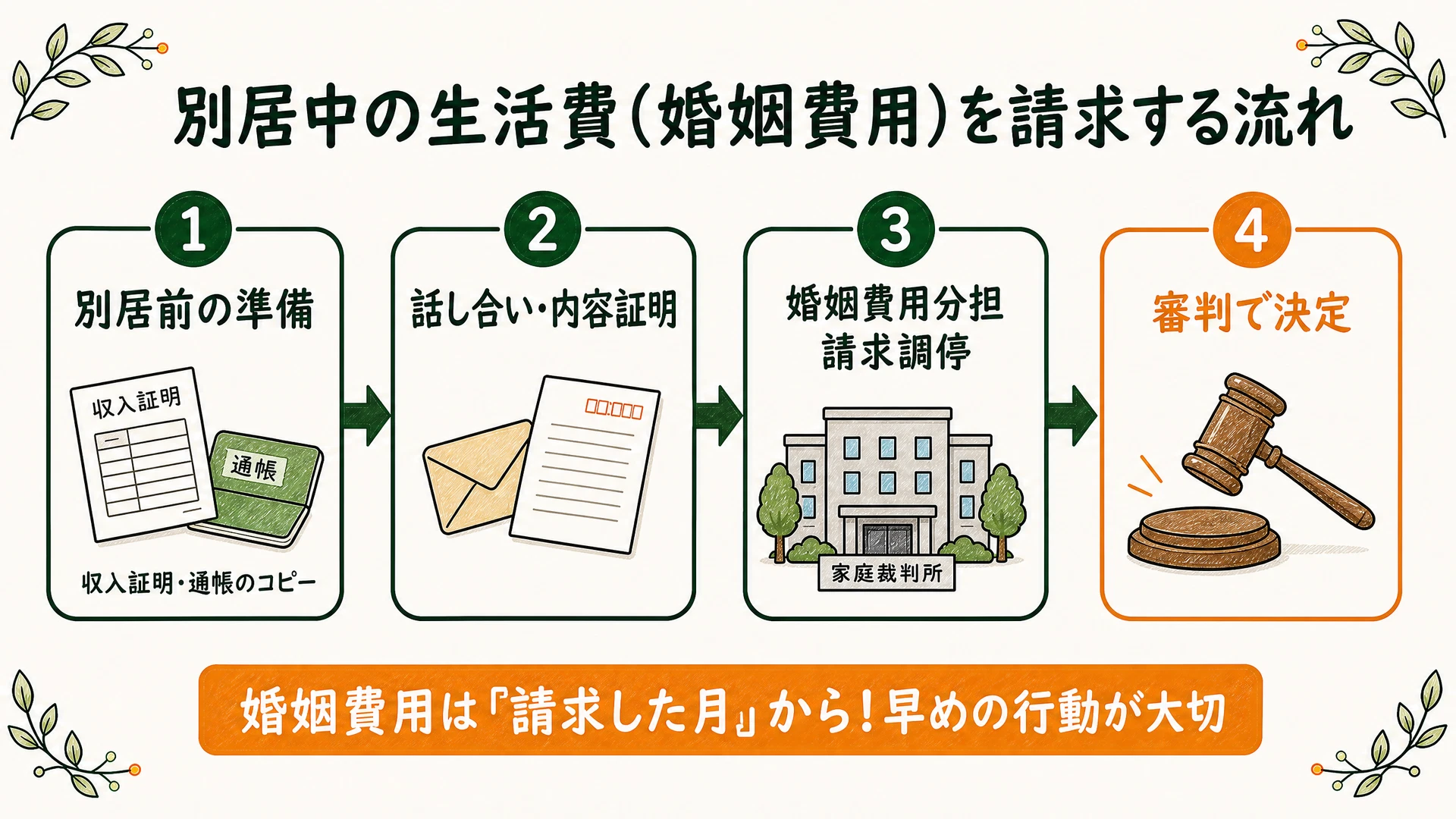 別居中の生活費(婚姻費用)を請求する流れ(別居前の準備→話し合い・内容証明→婚姻費用分担請求調停→審判で決定。婚姻費用は請求した月からなので早めの行動が大切)を示した図解