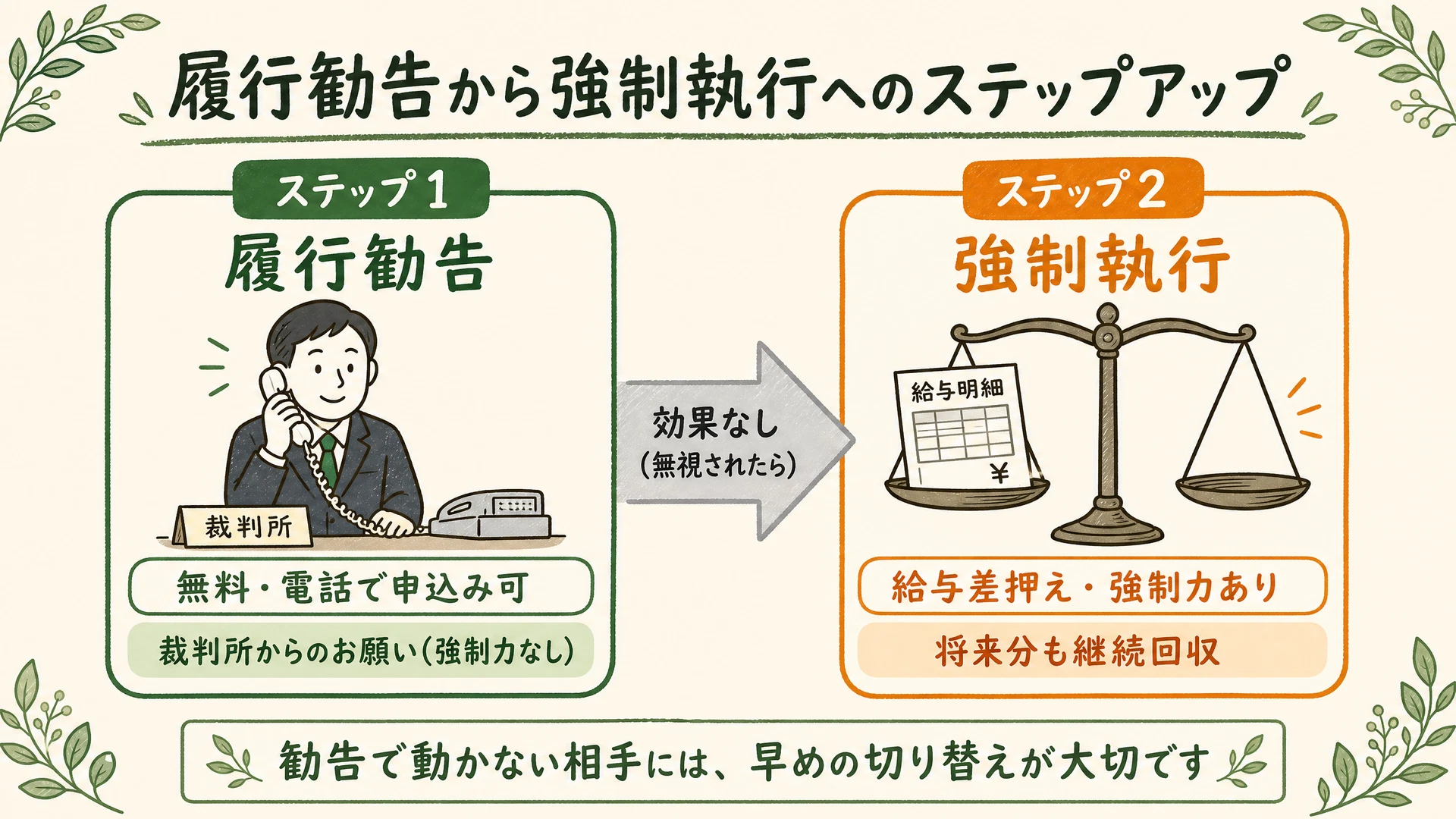 履行勧告から強制執行への流れ図解：履行勧告（無料・強制力なし）→効果なし→強制執行（差押え・強制力あり）へのステップアップ