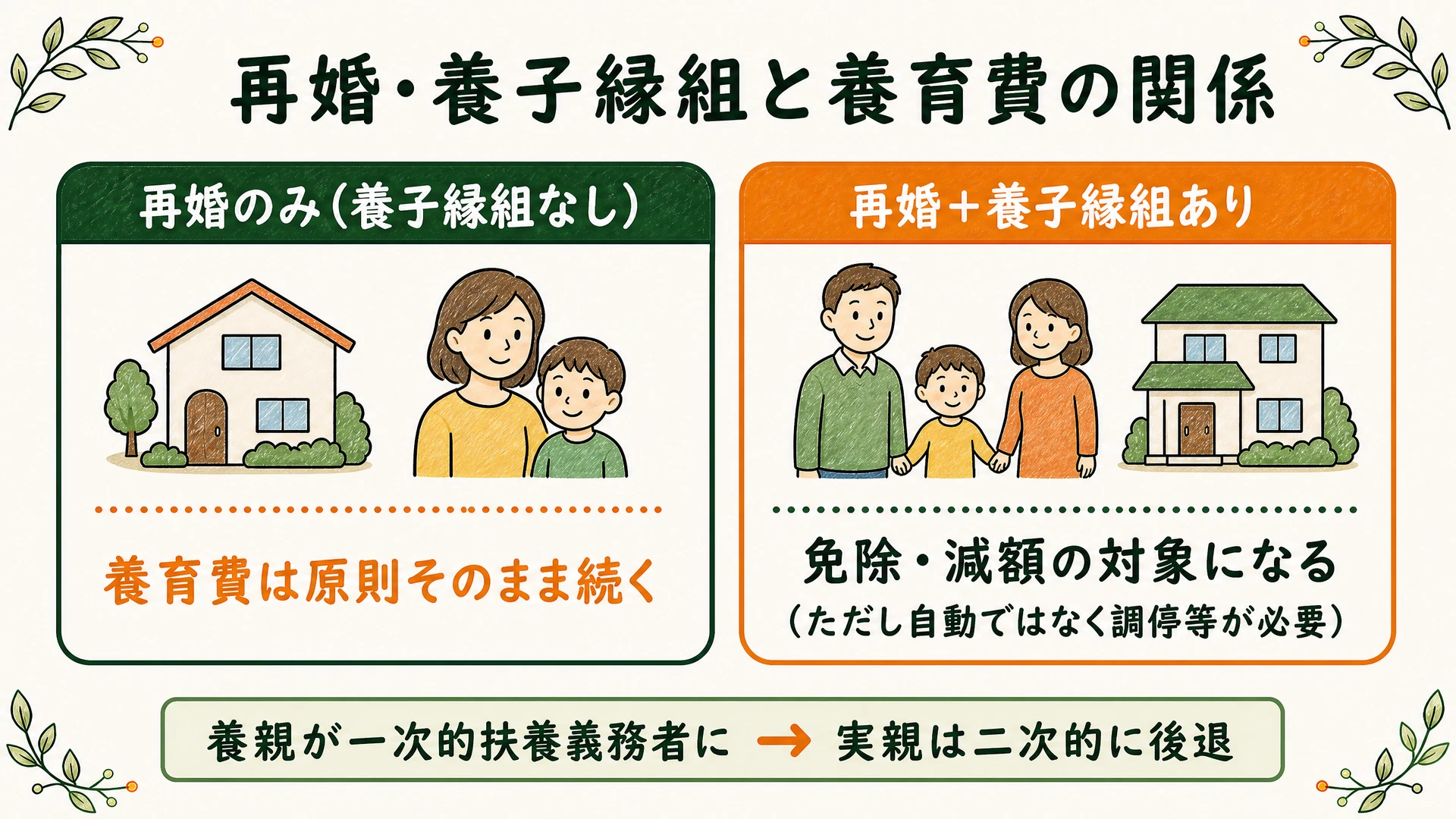 再婚のみ(養子縁組なし)なら養育費は原則そのまま、再婚+養子縁組ありなら養親が一次的扶養義務者となり免除・減額の対象になる(ただし自動ではなく調停等が必要)ことを示した図解