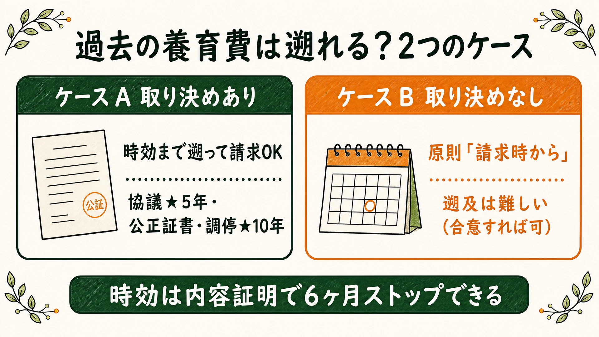 過去の養育費を遡って請求できるかの2つのケース(取り決めあり:時効まで遡って請求OK・協議⇒5年/公正証書・調停⇒10年、取り決めなし:原則「請求時から」で遡及は難しいが合意すれば可)を示した図解。時効は内容証明で6ヶ月ストップできる