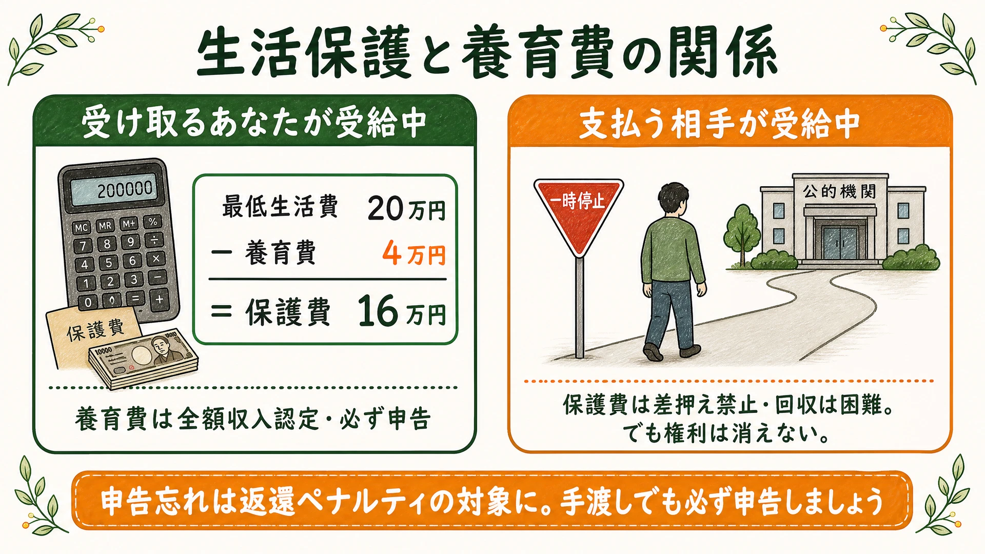 生活保護と養育費の関係(受け取る側は全額収入認定・支払う側が受給中は回収困難だが権利は残る)を示した図解