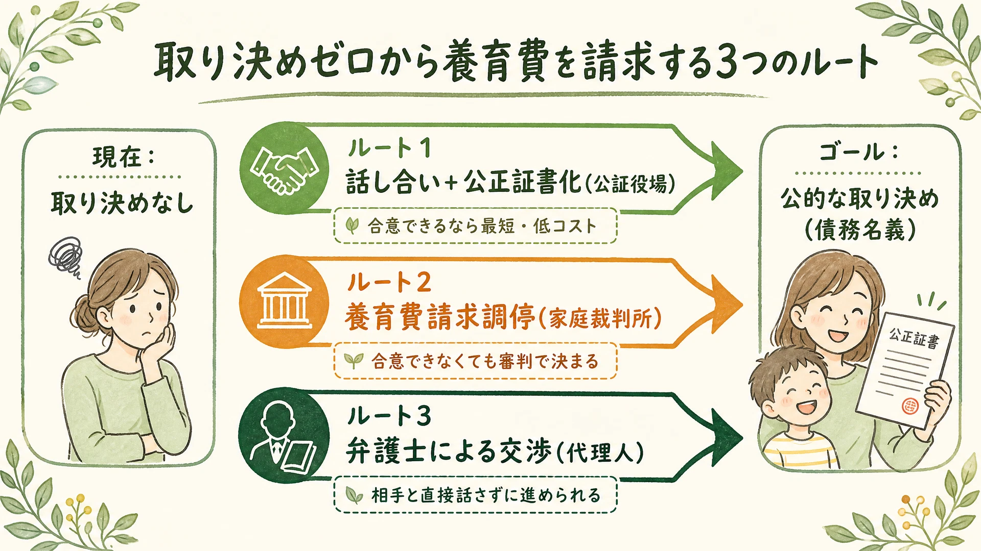 取り決めゼロから養育費を請求する3つのルートの図解:話し合い、調停、弁護士交渉の流れ