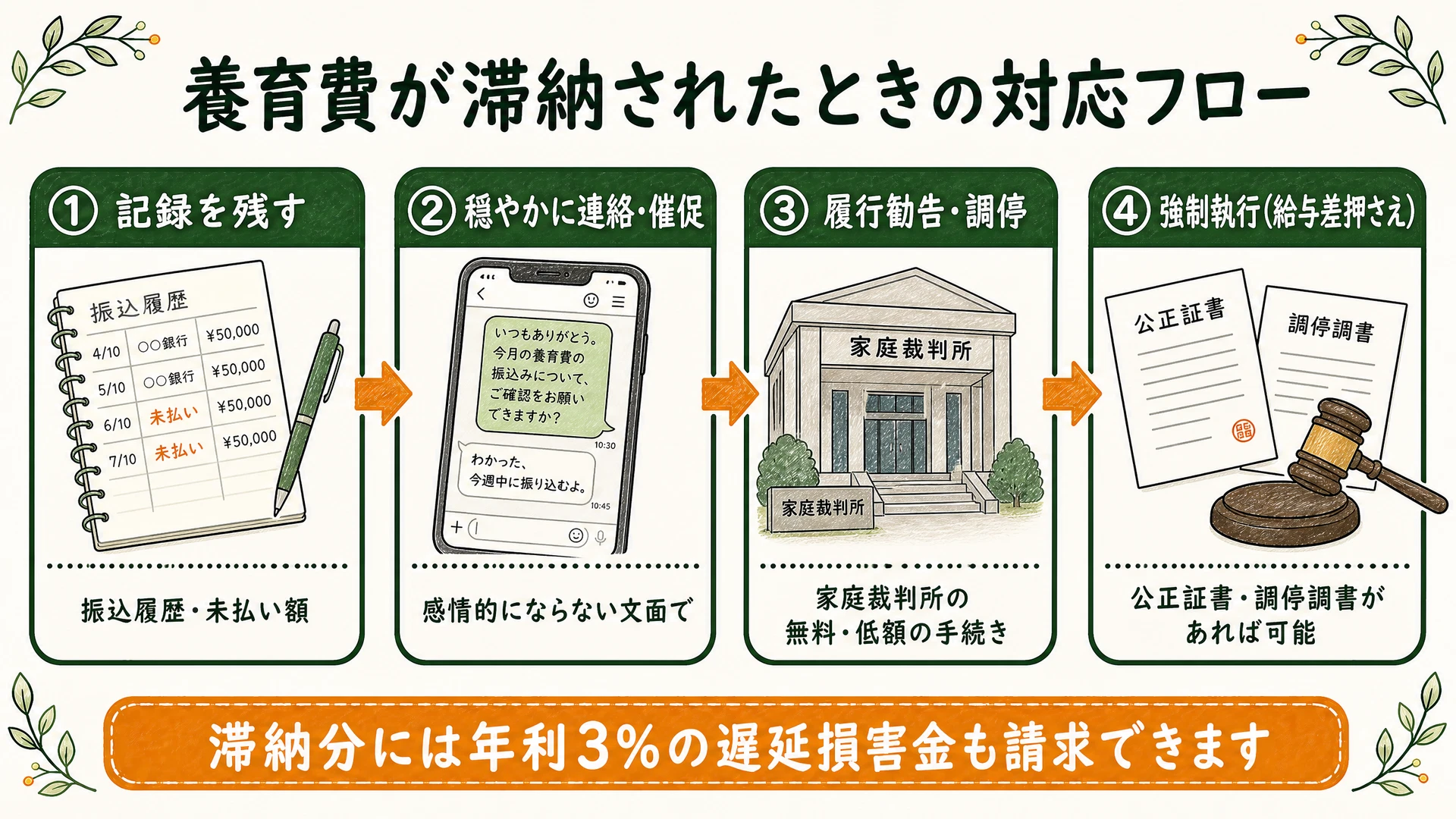 養育費が滞納されたときの対応フロー(記録→穏やかに連絡→履行勧告・調停→強制執行。滞納分には年3%の遅延損害金も請求可能)を示した図解