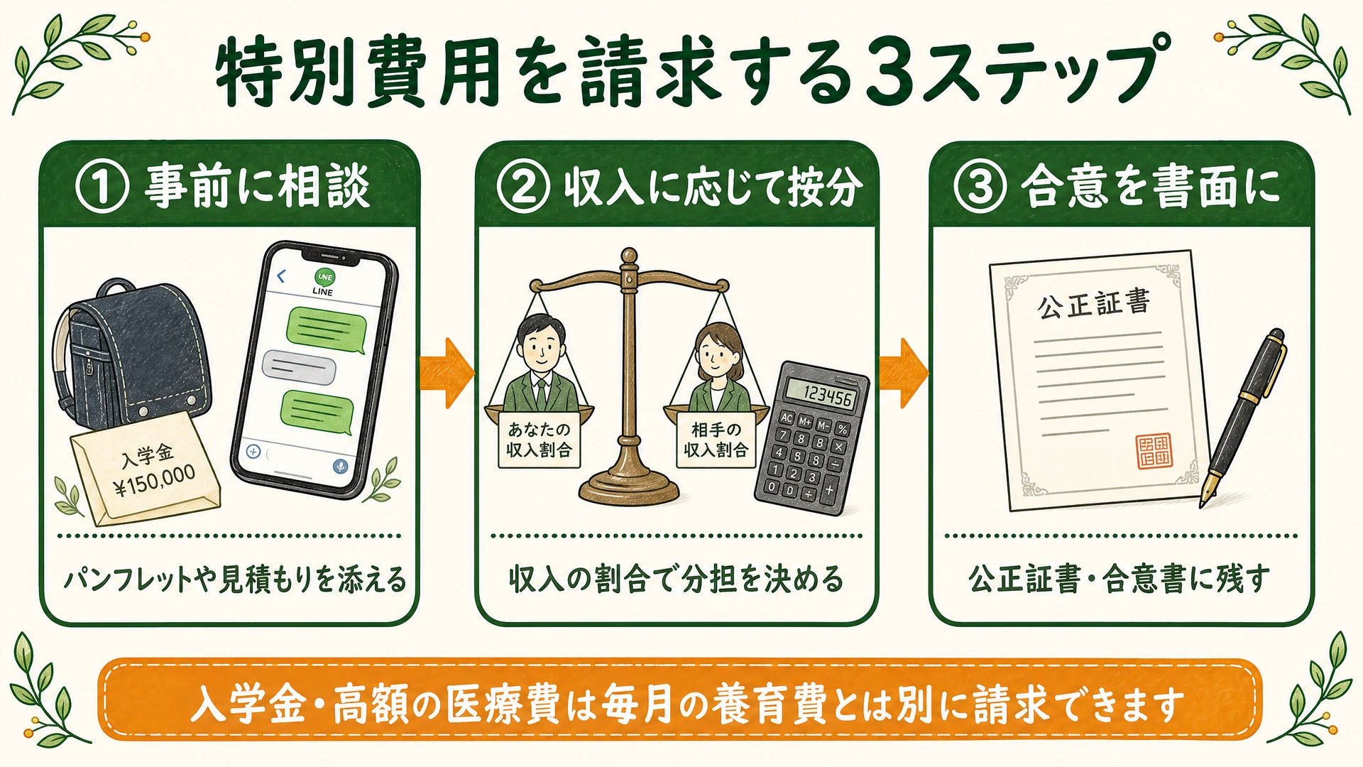 特別費用を請求する3ステップ(事前に相談→収入に応じて按分→合意を書面に)を示した図解