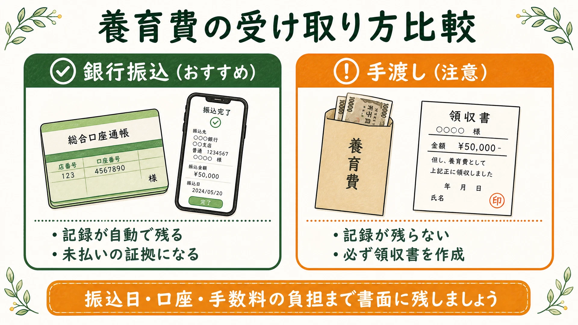 養育費の受け取り方の比較(銀行振込は記録が残りおすすめ・手渡しは領収書が必須)を示した図解