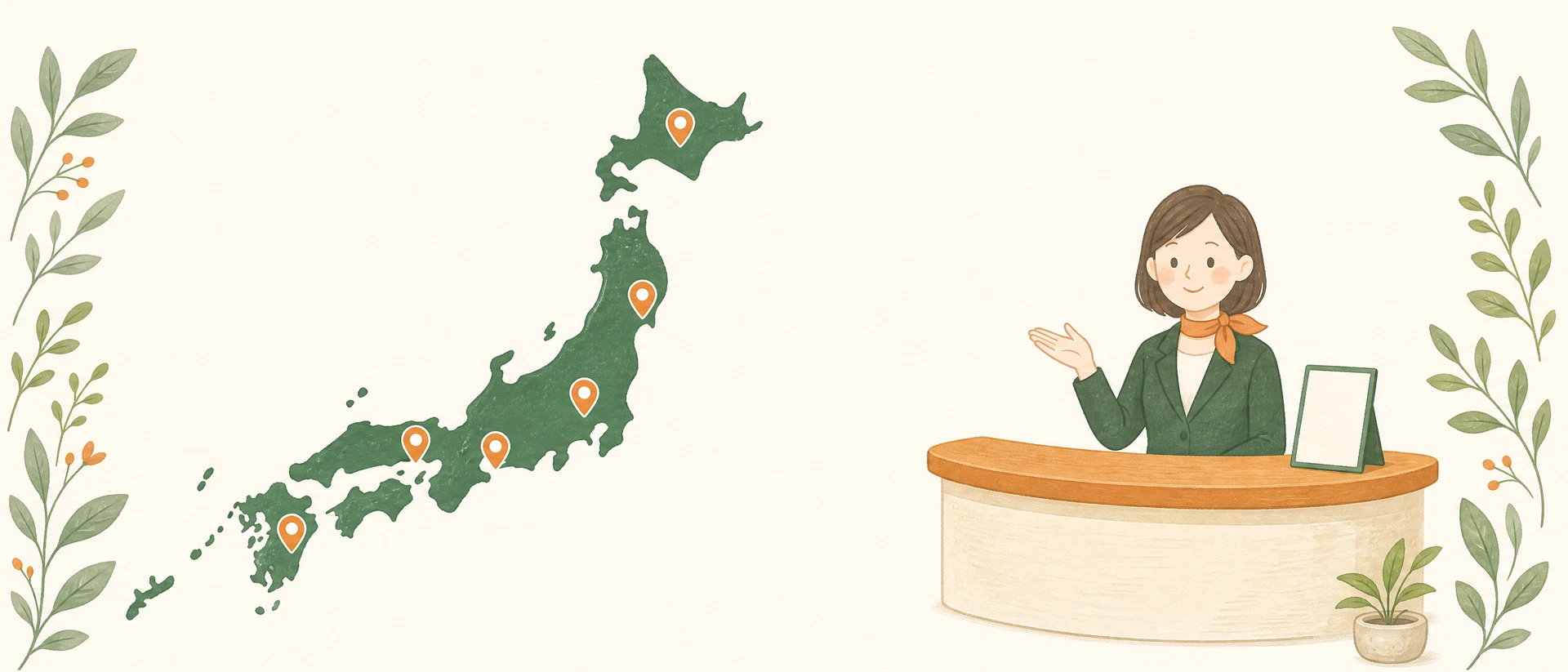 市区町村の養育費支援制度検索 - 日本地図と案内カウンターのイラスト