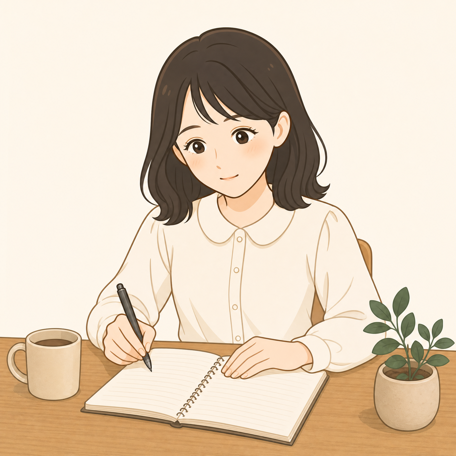 机に向かってノートに調べたことをまとめるこはる