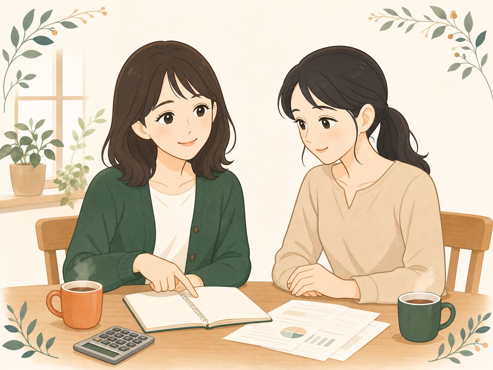 こはる — 相談者と並んで資料を見る案内役