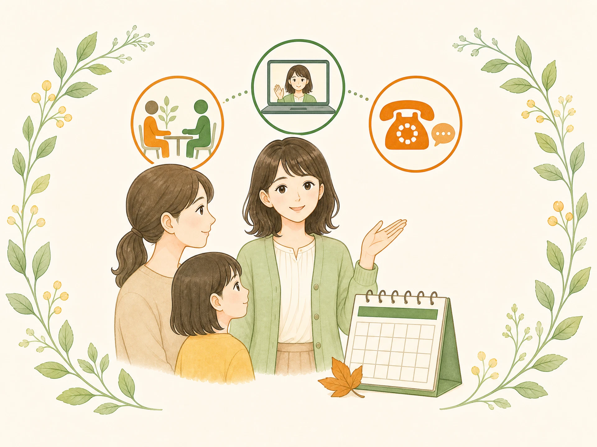 東京都の養育費専門相談を電話で予約する様子を案内するイラスト