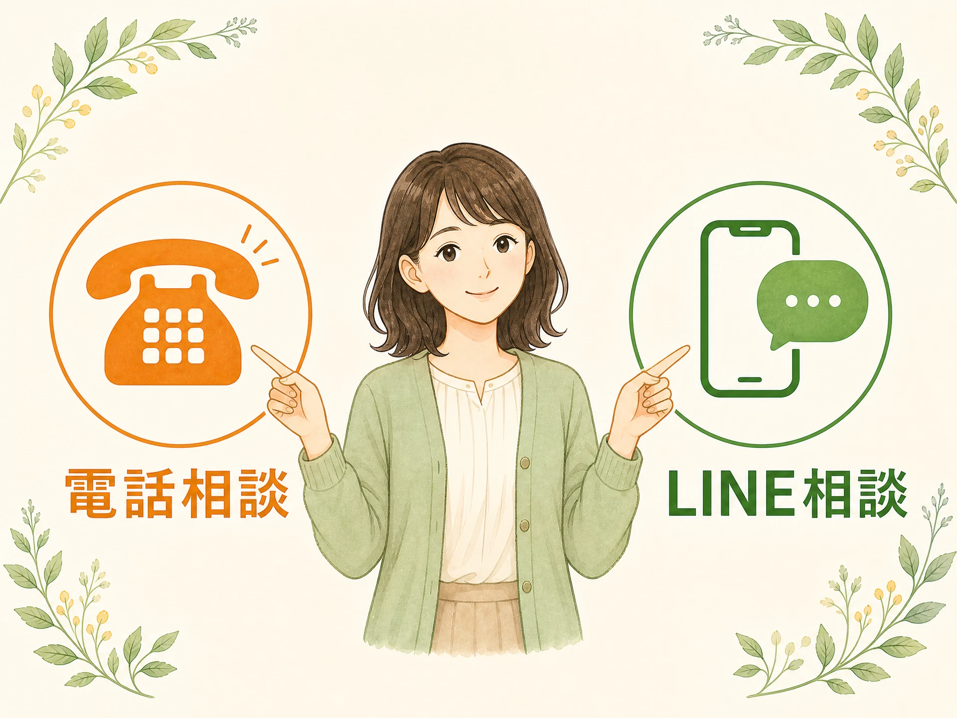 こはるが電話相談とLINE相談の2つの相談方法を案内するイラスト