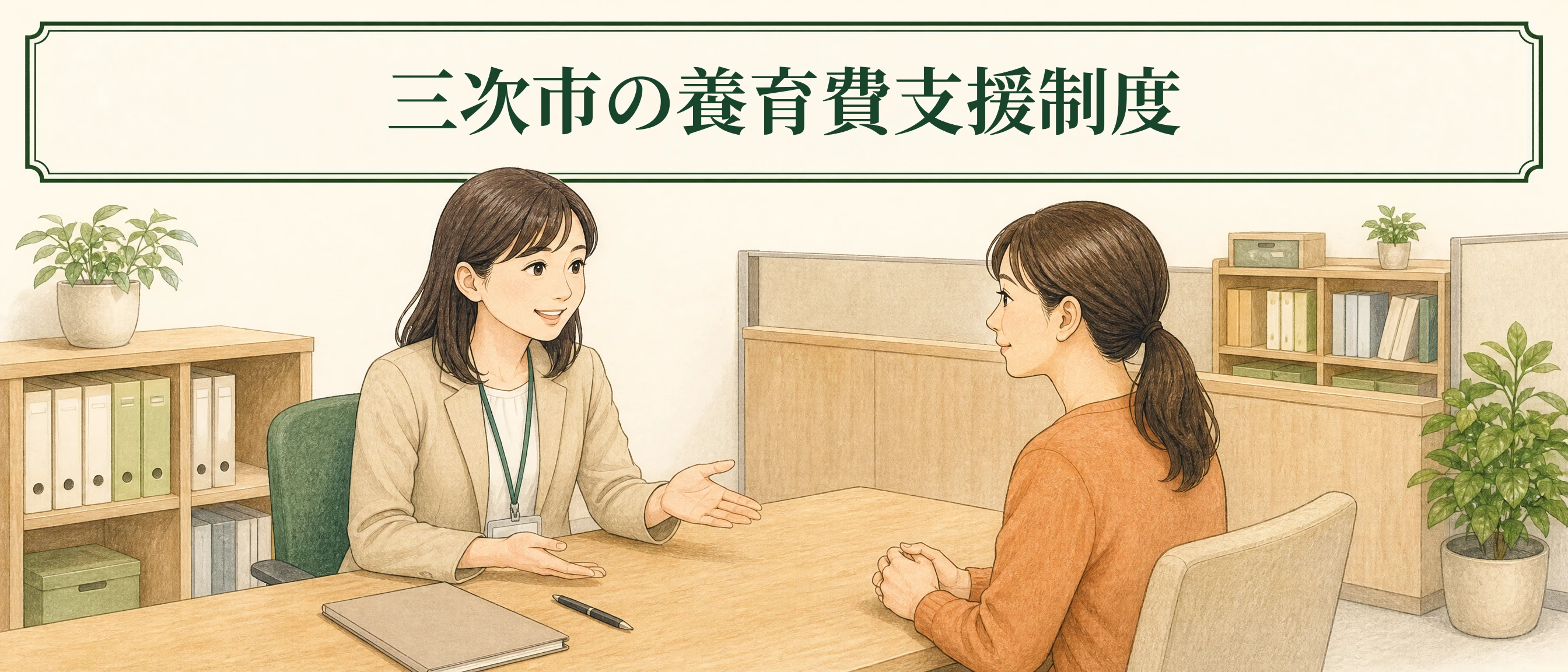 三次市の養育費支援制度について役所・公的窓口で相談する様子