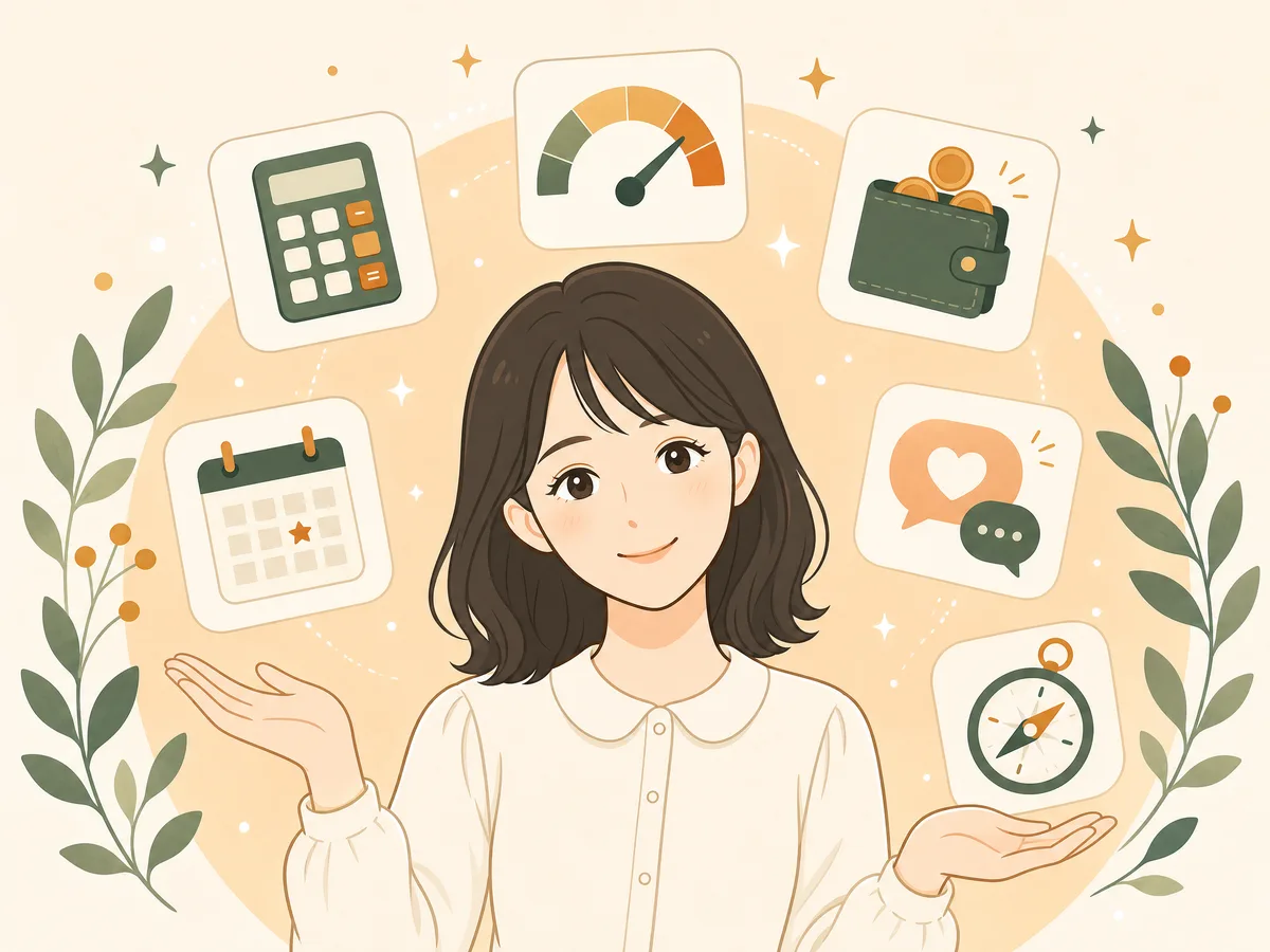 こはるが6つの無料ツールを紹介しているイラスト