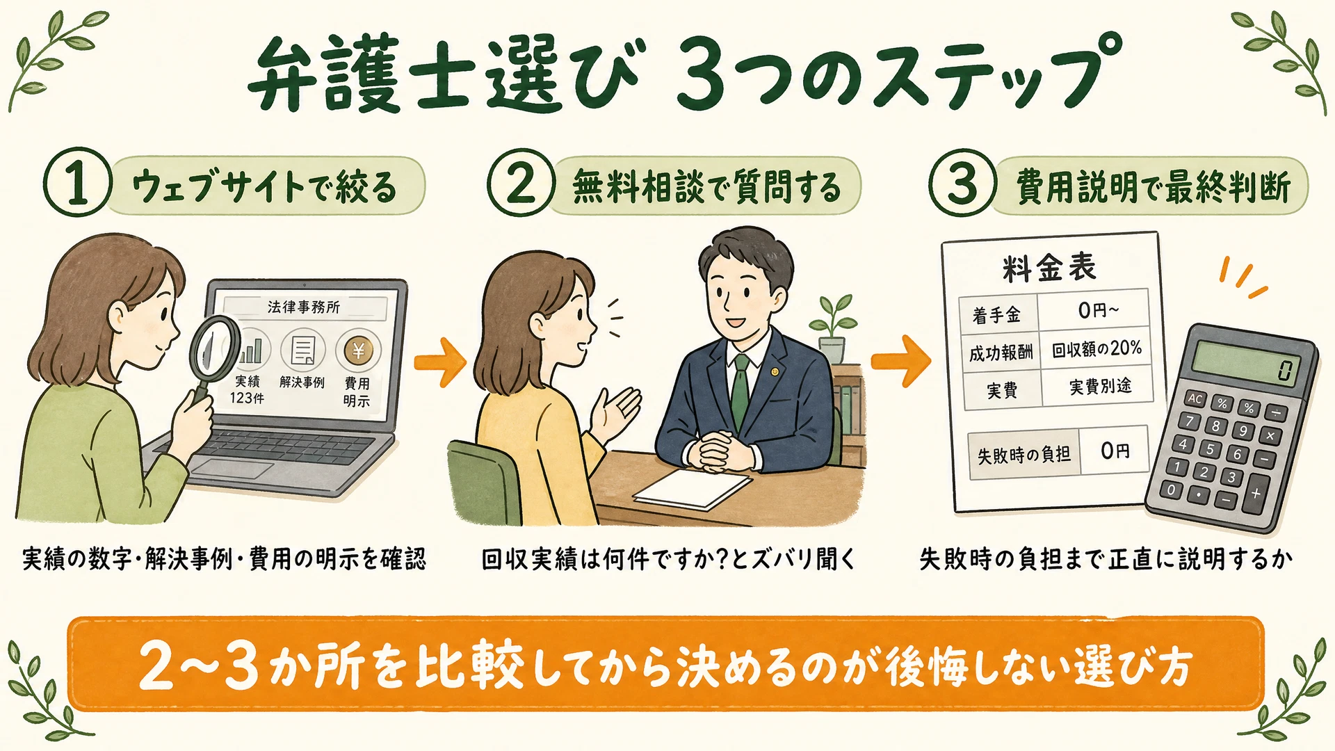 弁護士選び3つのステップ: ①ウェブサイトで絞る ②無料相談で質問する ③費用説明で最終判断