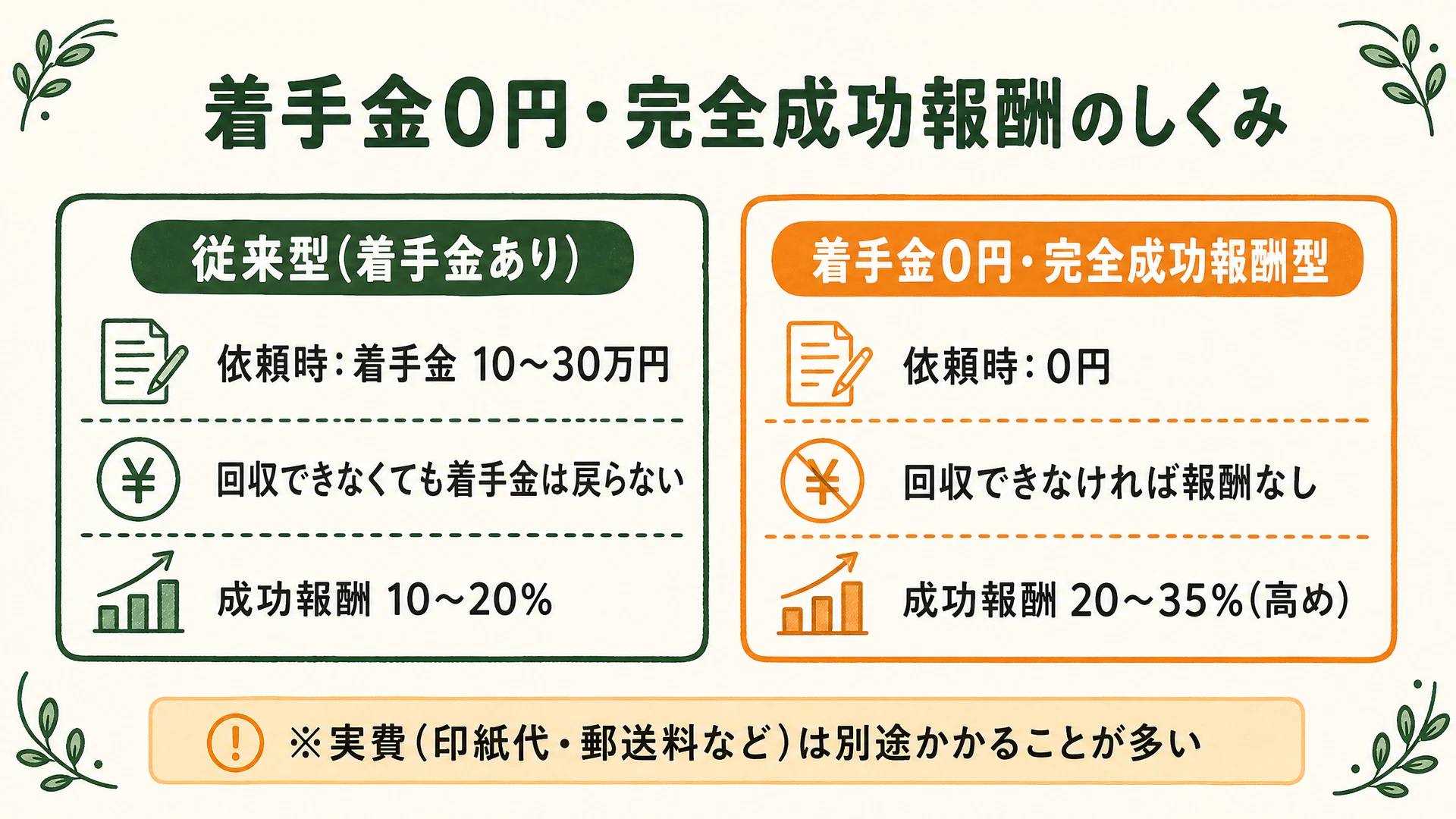 着手金0円・完全成功報酬のしくみ: 従来型(着手金あり)は依頼時に着手金10〜30万円が必要で回収できなくても戻らないが成功報酬は10〜20%。着手金0円型は依頼時0円で回収できなければ報酬なし、その代わり成功報酬は20〜35%と高め。実費は別途かかることが多い